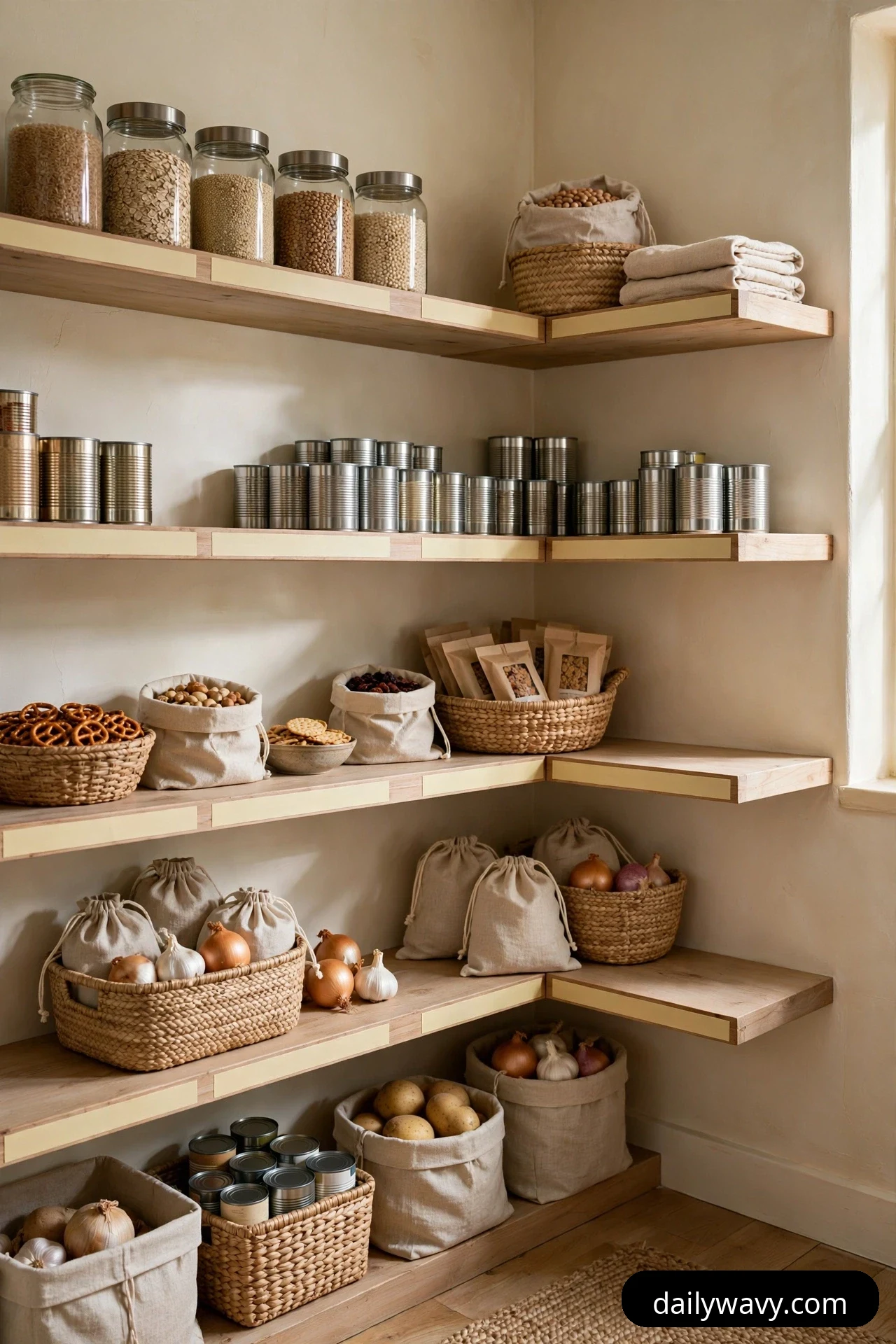 Pale label strips run along the front edges of corner pantry shelves, marking zones beneath rows of glass grain jars, canned goods, woven baskets and cloth storage bags.