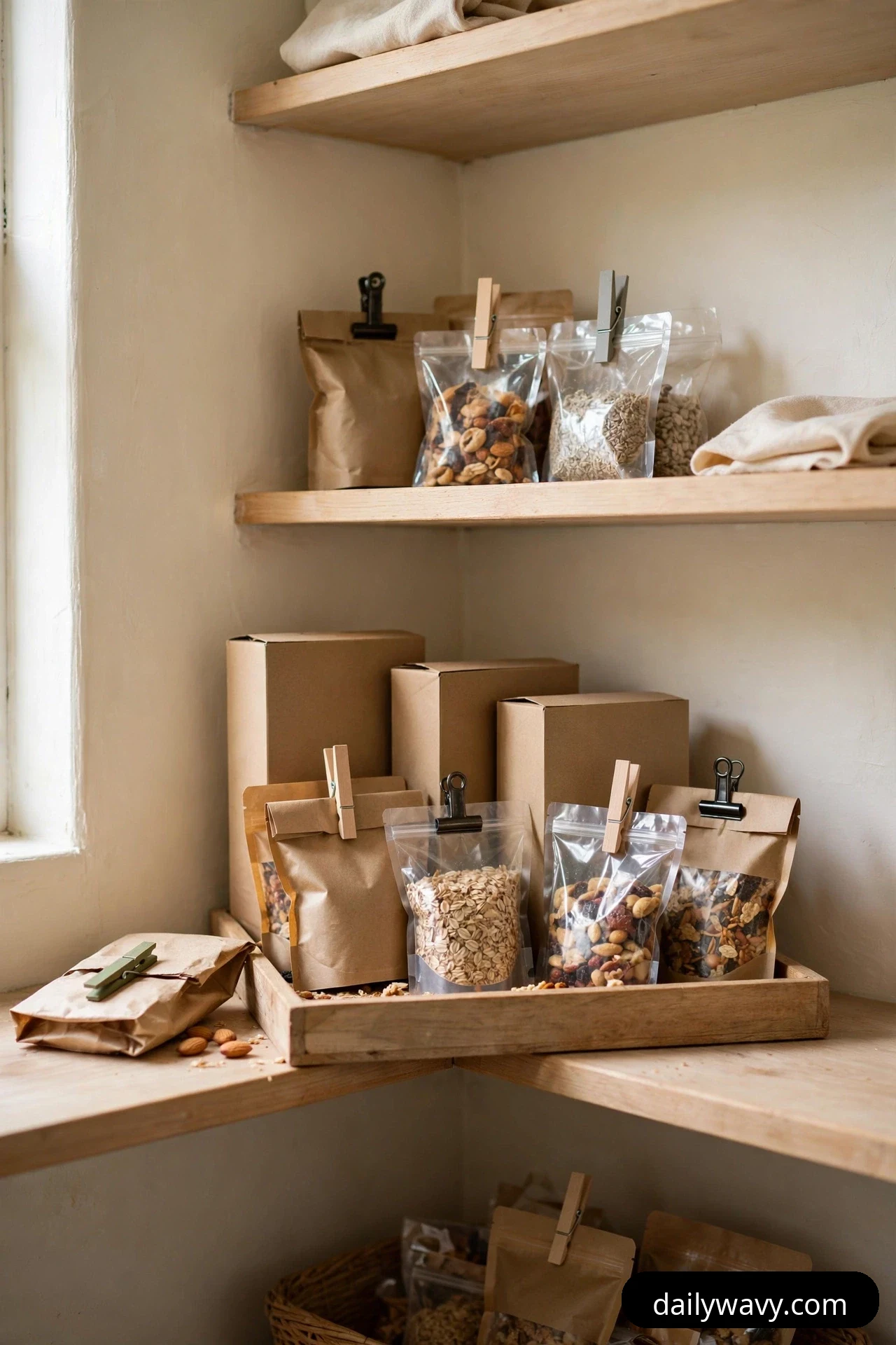 Open paper bags and clear pouches of oats, trail mix and seeds stand grouped in a wooden tray on a corner pantry shelf, each one sealed with a binder clip or a clothespin.