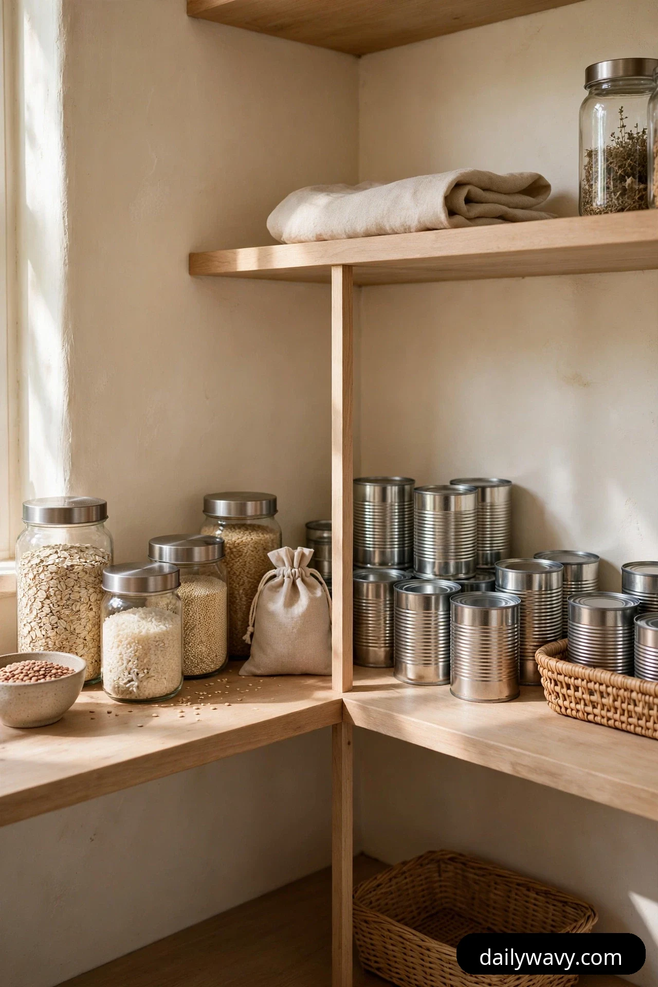 A slim vertical wooden divider stands at the corner of a pantry shelf, separating glass jars of oats and rice on one side from a stack of metal cans on the other.