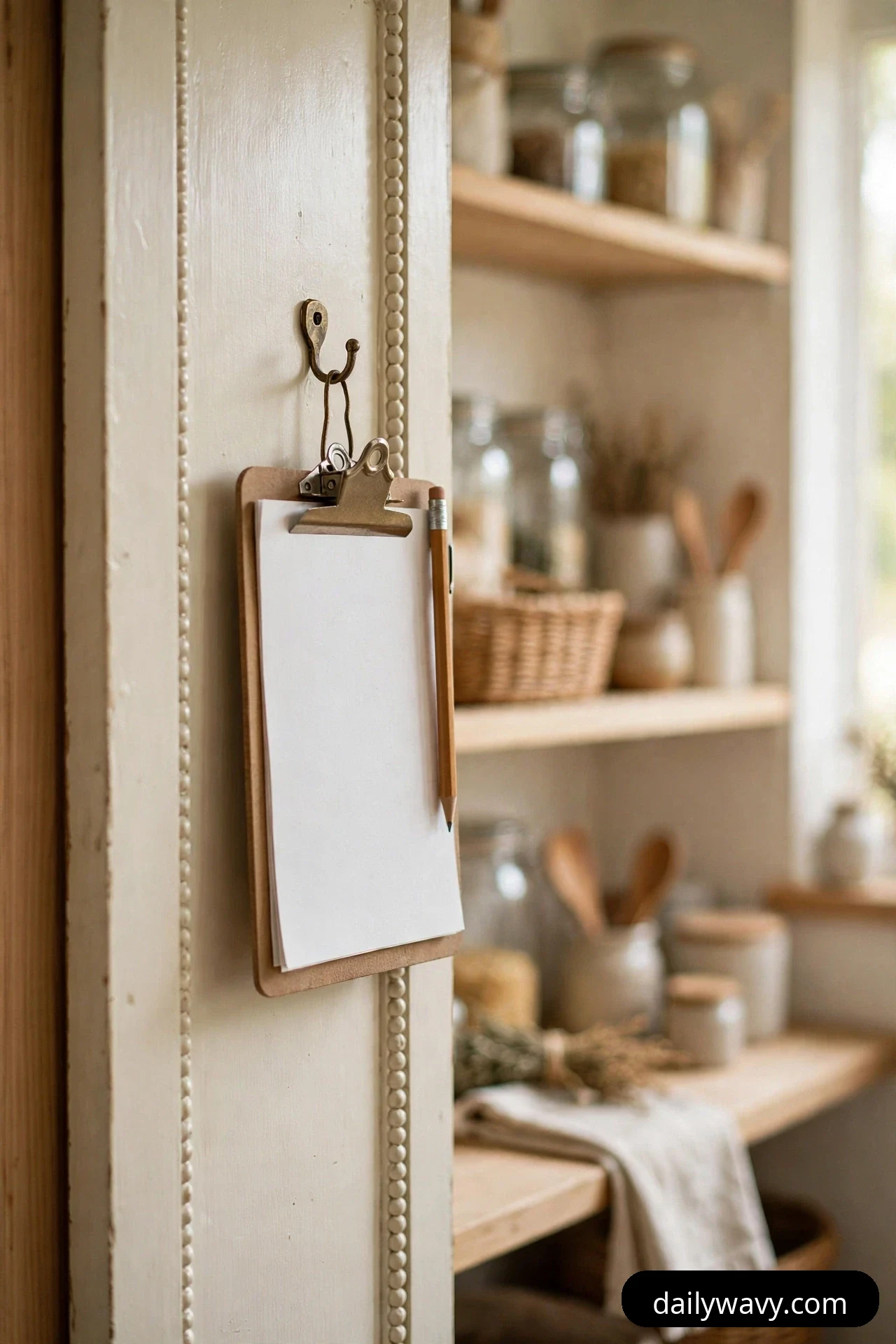 A small clipboard with a pencil hangs from a brass hook inside a corner pantry door, with shelves of jars and baskets blurred behind it.