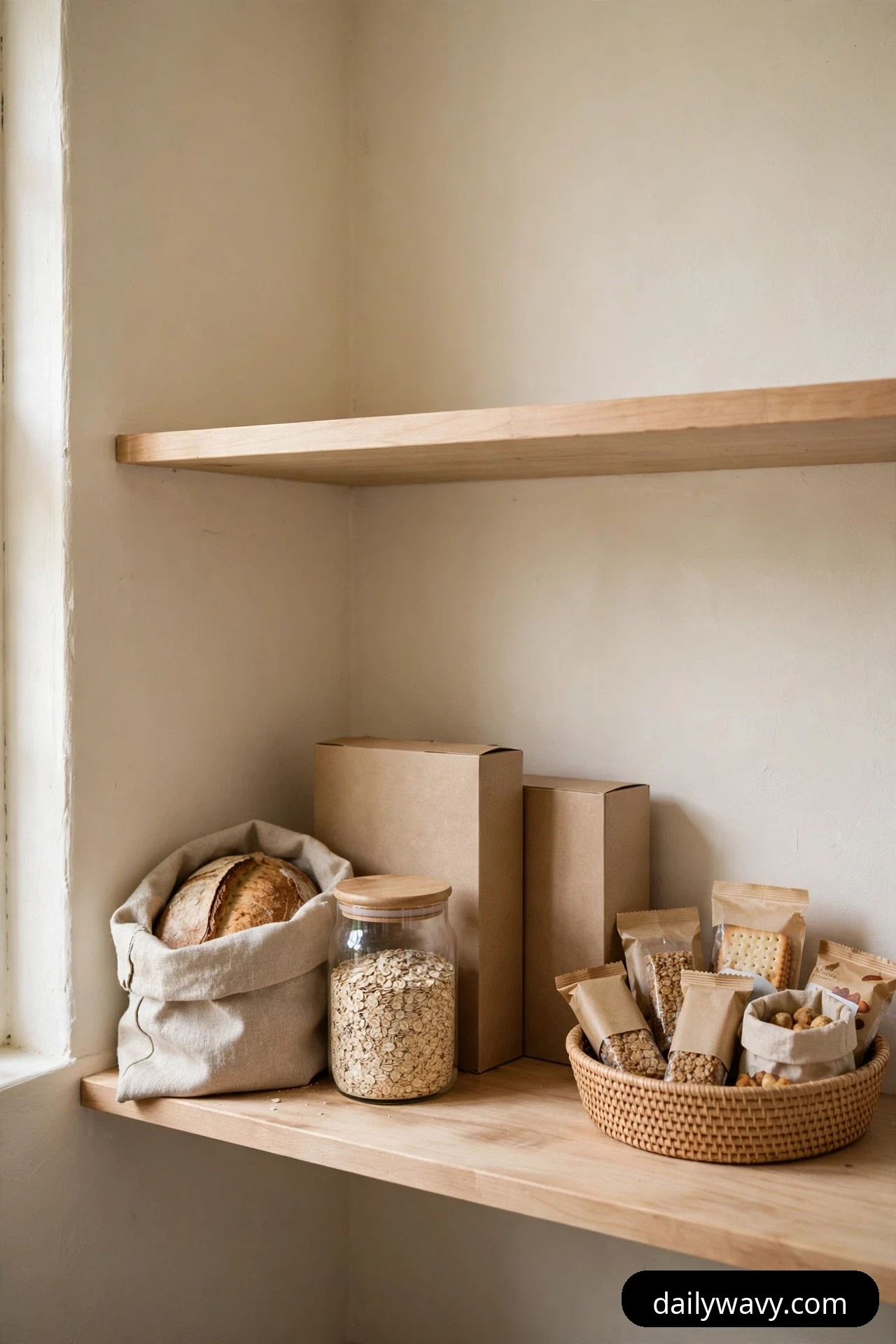 A low corner pantry shelf holds a loaf of bread in a cloth bag, a glass jar of oats and a woven basket of snack packets at easy grabbing height.