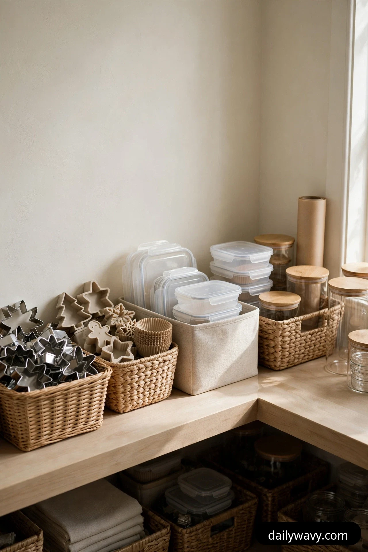 Baskets on a corner pantry shelf hold holiday cookie cutters and muffin liners beside a fabric bin of stacked spare food containers and a roll of paper goods.