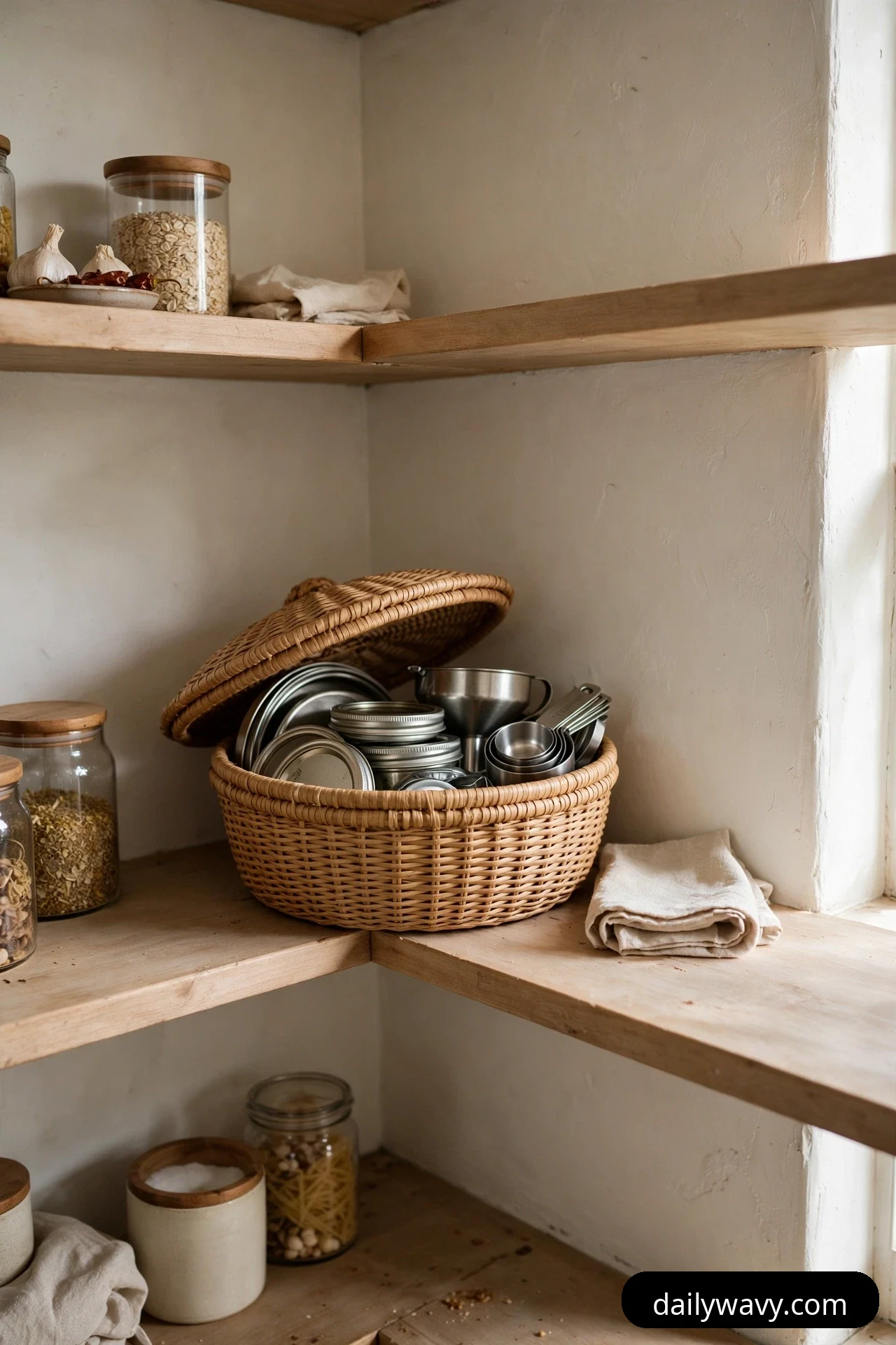 A woven basket with its lid tipped open sits on a corner pantry shelf, holding spare metal jar lids, a small funnel and nested measuring cups.