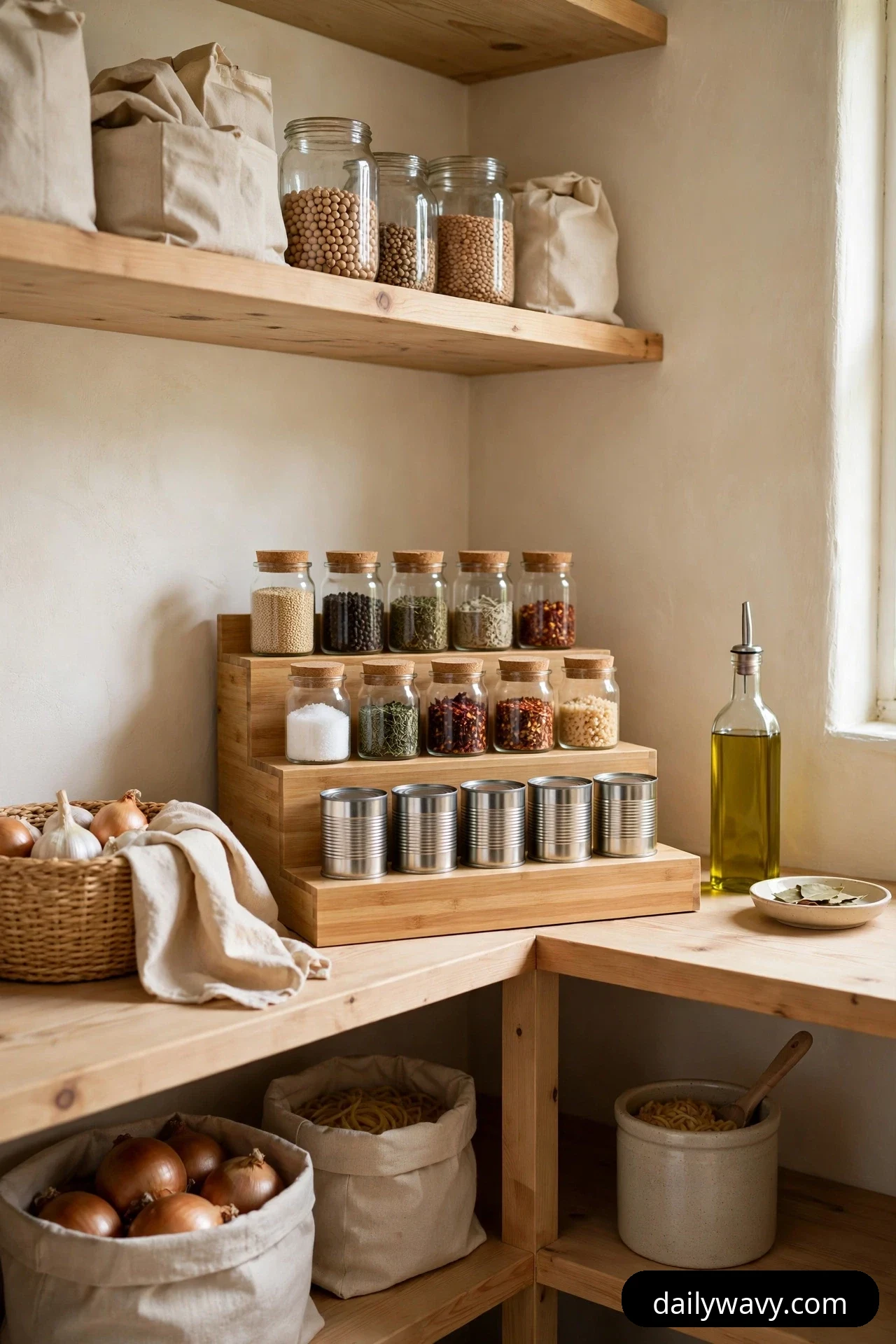 A bamboo three-tier step rack on a corner pantry shelf holds cork-lidded spice jars on its upper tiers and a row of small cans on the lowest tier, keeping every label visible.
