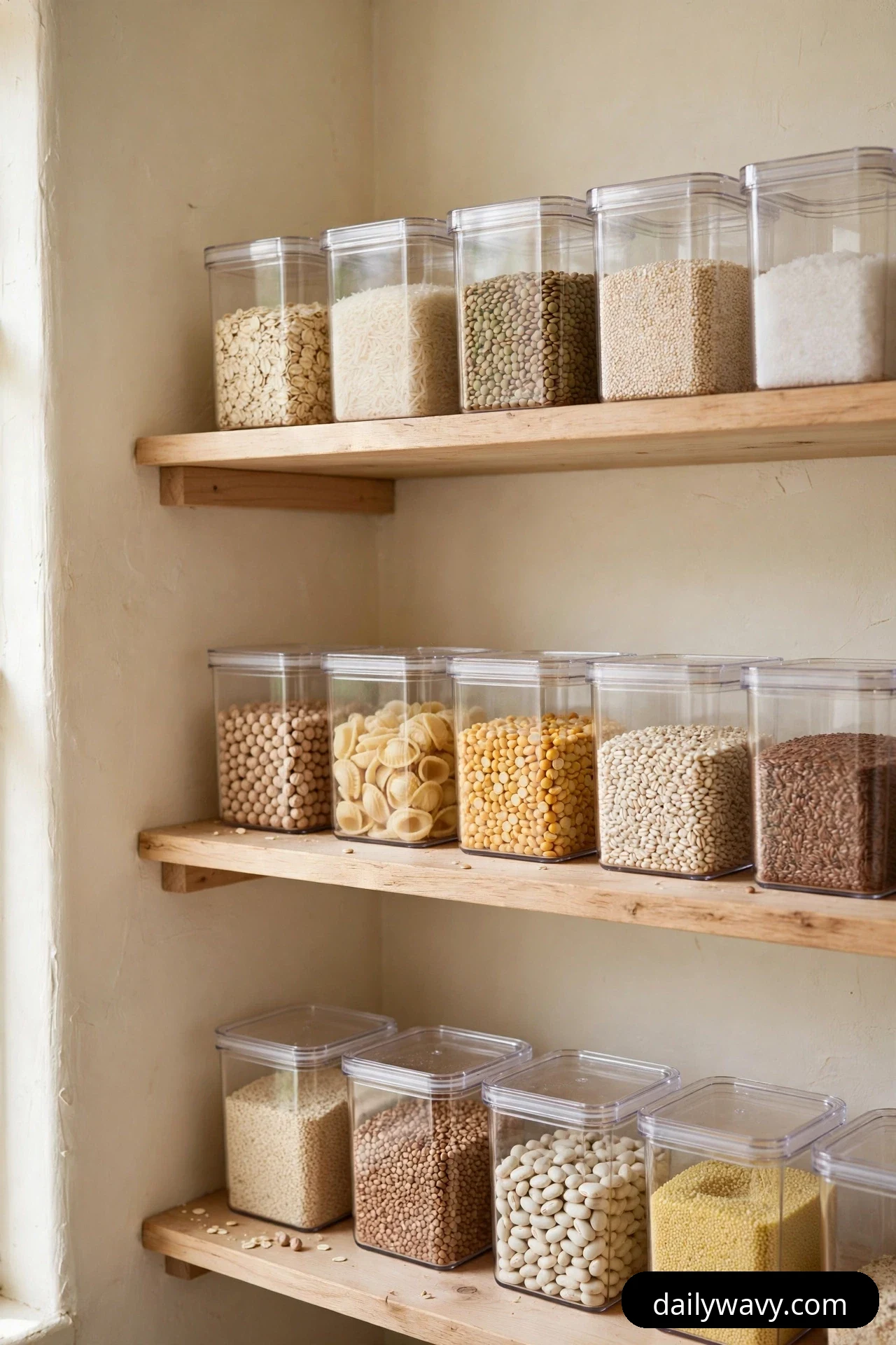 Matching clear square containers of oats, rice, lentils, pasta and beans stand in even rows at one consistent height across three corner pantry shelves.
