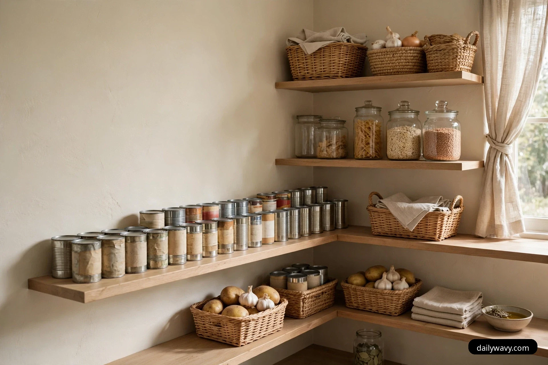 A wide view of a corner pantry shows wooden shelves wrapping around two walls, with a long row of canned goods along one shelf, glass jars of pasta and grains above, and woven baskets holding potatoes, garlic and onions below.