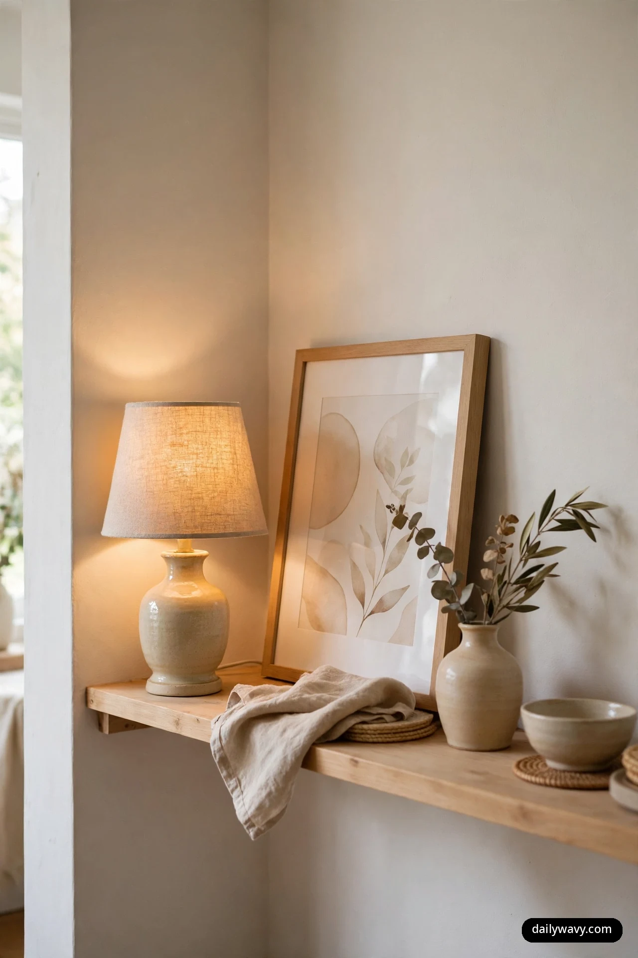 A closer view shows a glowing ceramic lamp with a linen shade beside a leaning framed botanical print on a wooden corner shelf, with a small ceramic vase of dried stems and a bowl resting nearby.