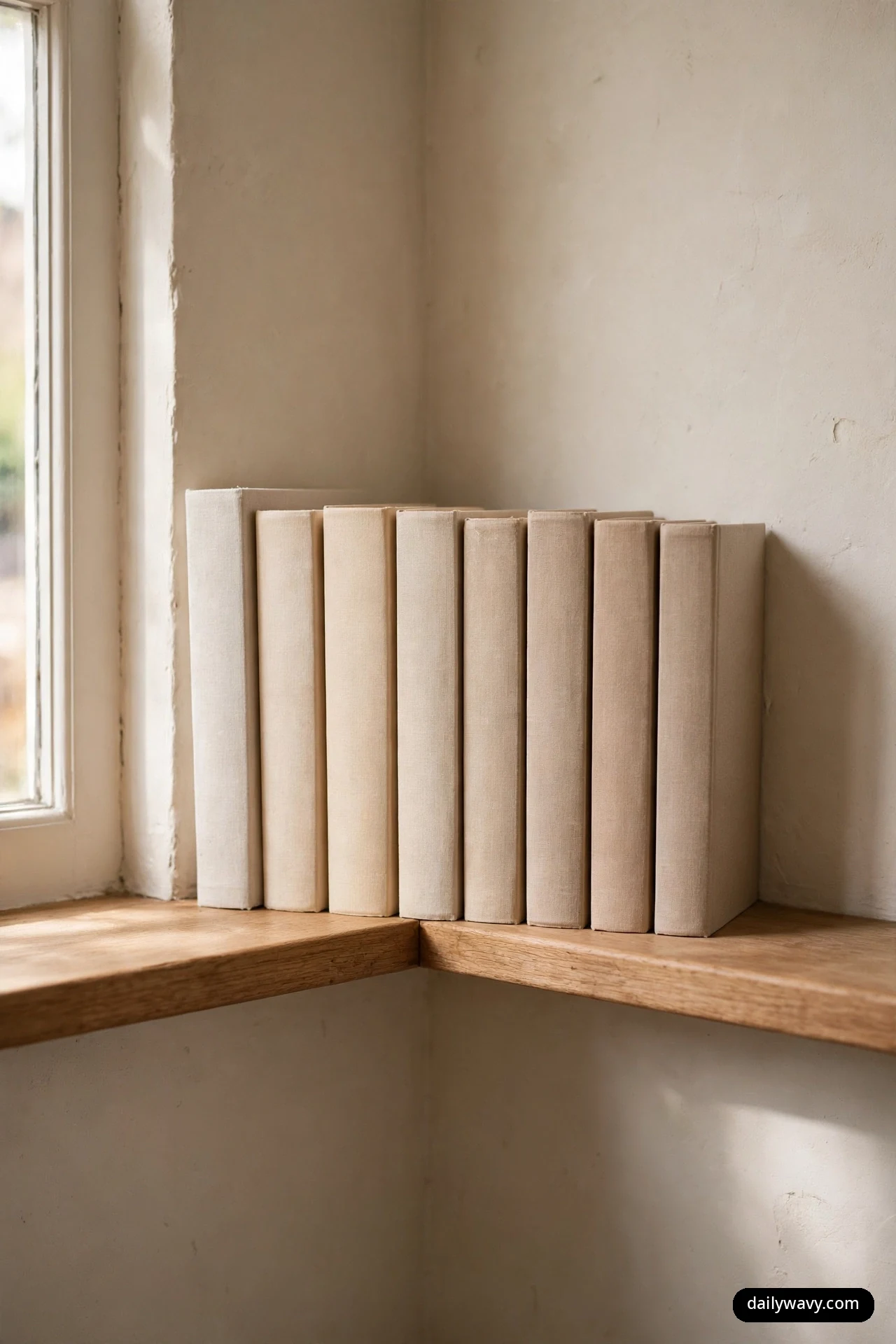 Eight linen-bound books in cream and tan tones stand in a gentle color gradient across a wooden corner shelf beside a window.