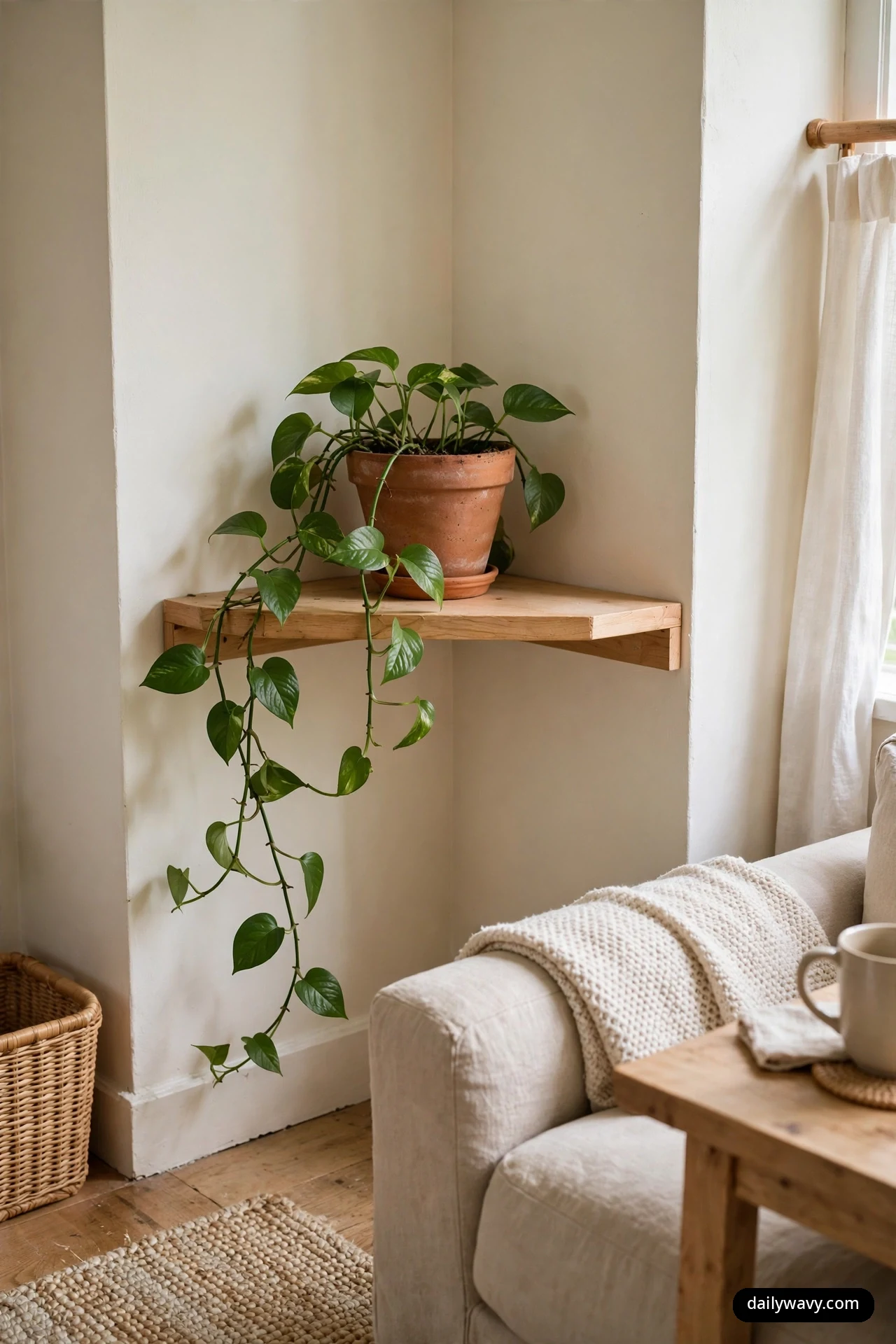 A pothos in a terracotta pot sits on a triangular wooden corner shelf with its long vines trailing down one edge, above a linen sofa in the foreground.
