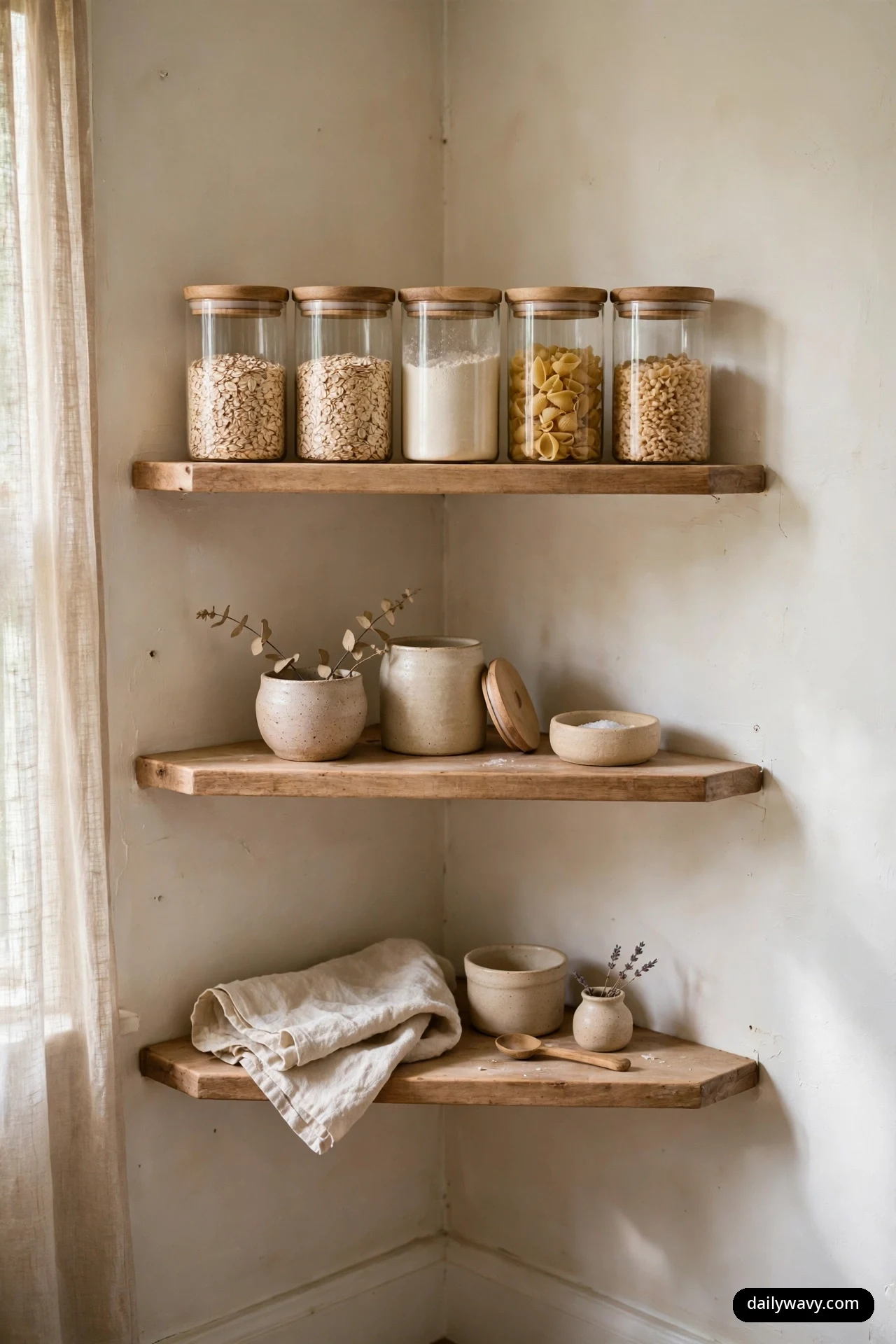 Five matching glass jars with wooden lids filled with oats, flour and pasta line the top of three wooden corner shelves, with stoneware crocks and folded linen on the shelves below.