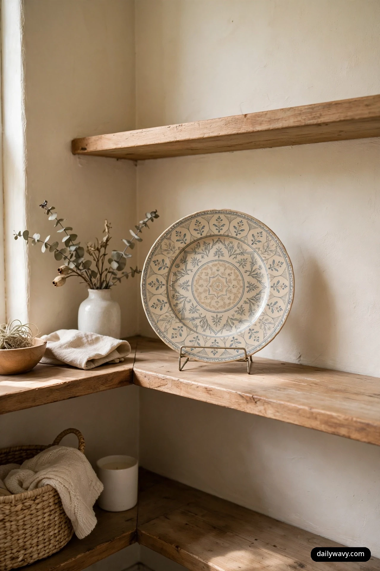 A decorative plate with a blue-gray botanical pattern stands upright on a wire stand on a wooden corner shelf.