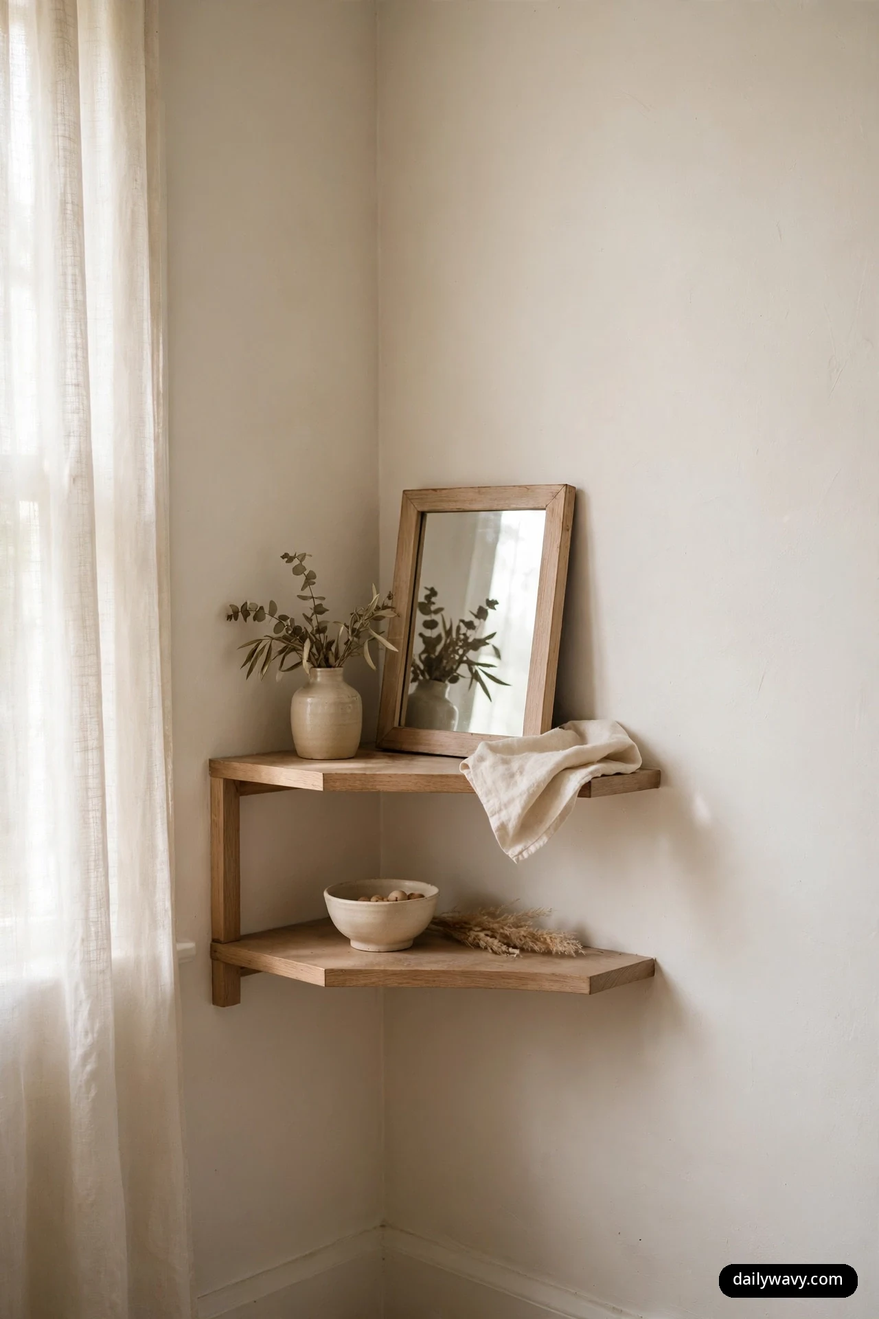 A wood-framed mirror leans against the wall on a light wood corner shelf beside a ceramic vase of eucalyptus, with a bowl resting on the shelf below.