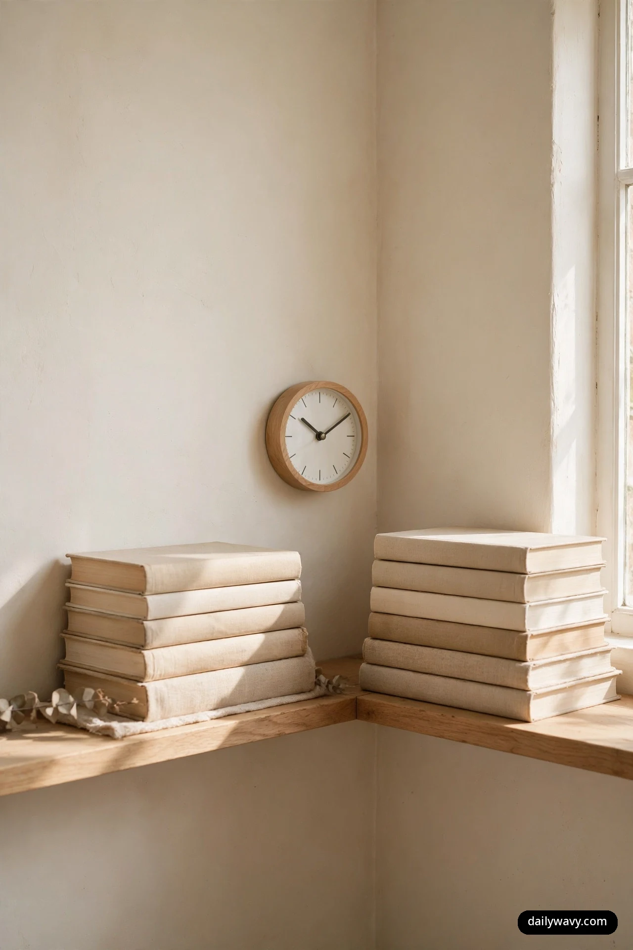 A small round analog clock with a light wood frame hangs on the wall above a corner shelf, between two tall stacks of cream linen-bound books.