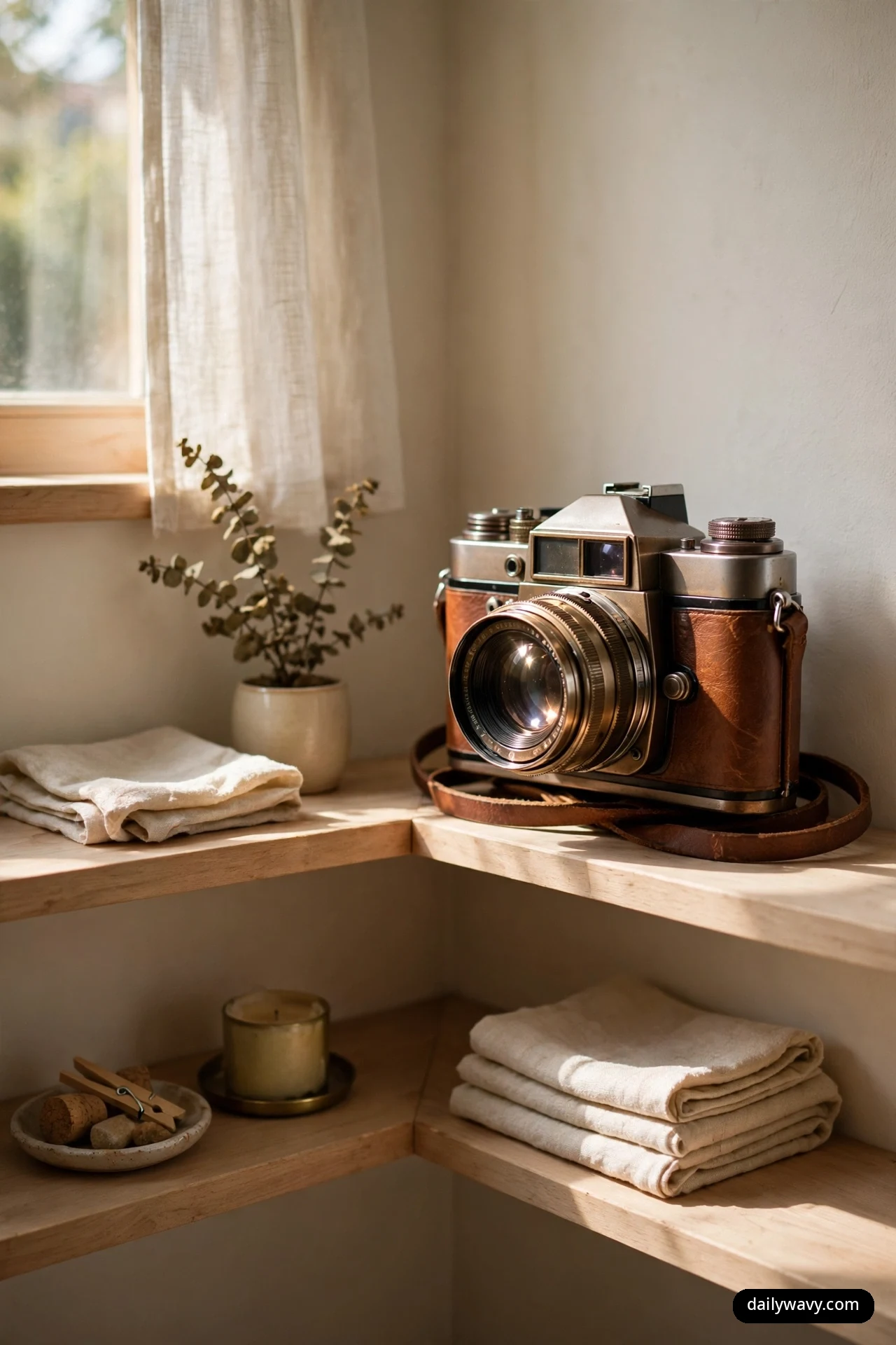 A vintage film camera in a brown leather case sits angled on a wooden corner shelf with its leather strap draped across the surface and its lens facing the room.