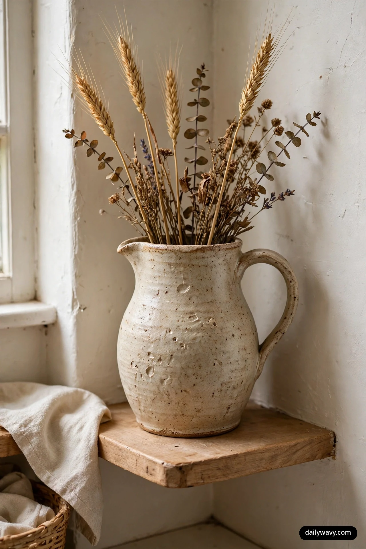A rustic speckled stoneware pitcher filled with dried wheat, eucalyptus and lavender stems stands on a small wooden corner shelf beside a window.