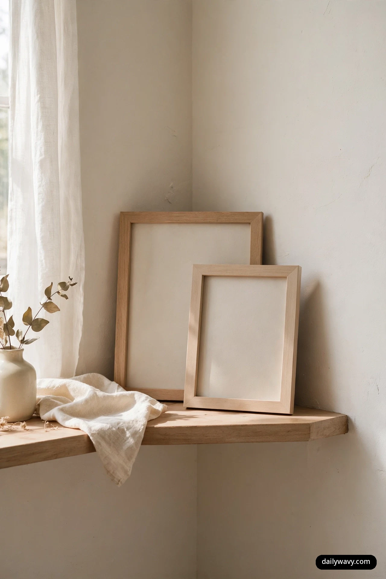 Two light wood frames with blank mats lean against the wall on a wooden corner shelf, the smaller frame layered in front of the larger one beside a small ceramic vase of eucalyptus.