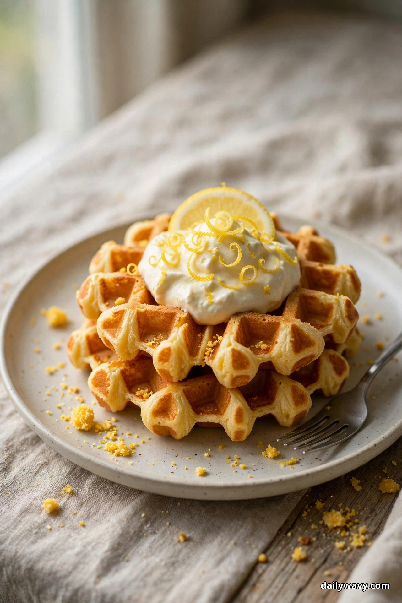 A short stack of golden cornmeal waffles topped with whipped lemon cream, lemon zest curls and a thin lemon slice rests on a ceramic plate with a fork at its edge and crumbs scattered across the linen beneath