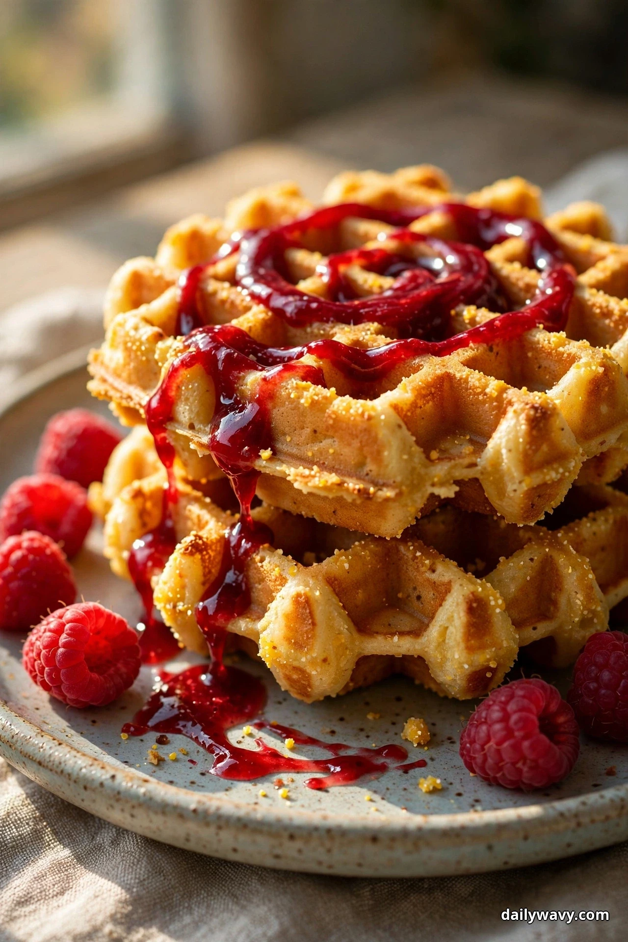 A close view of a stack of golden cornmeal waffles with glossy raspberry sauce spiraled over the top and dripping down the sides, with fresh raspberries resting on the plate beside the stack