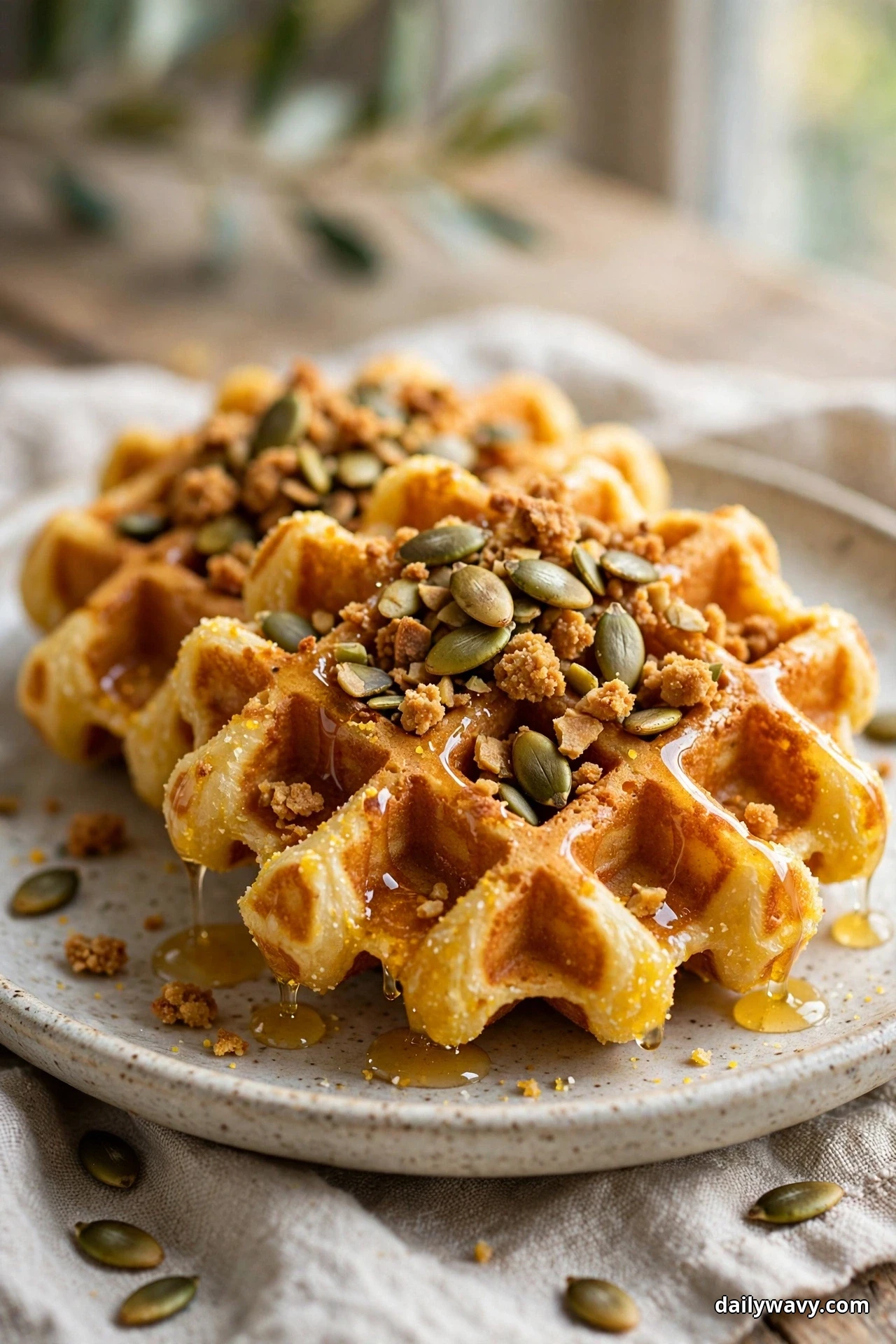A close eye-level view of golden cornmeal waffles piled with toasted pumpkin seeds and golden crumble, with honey dripping down the sides and pooling on the speckled plate