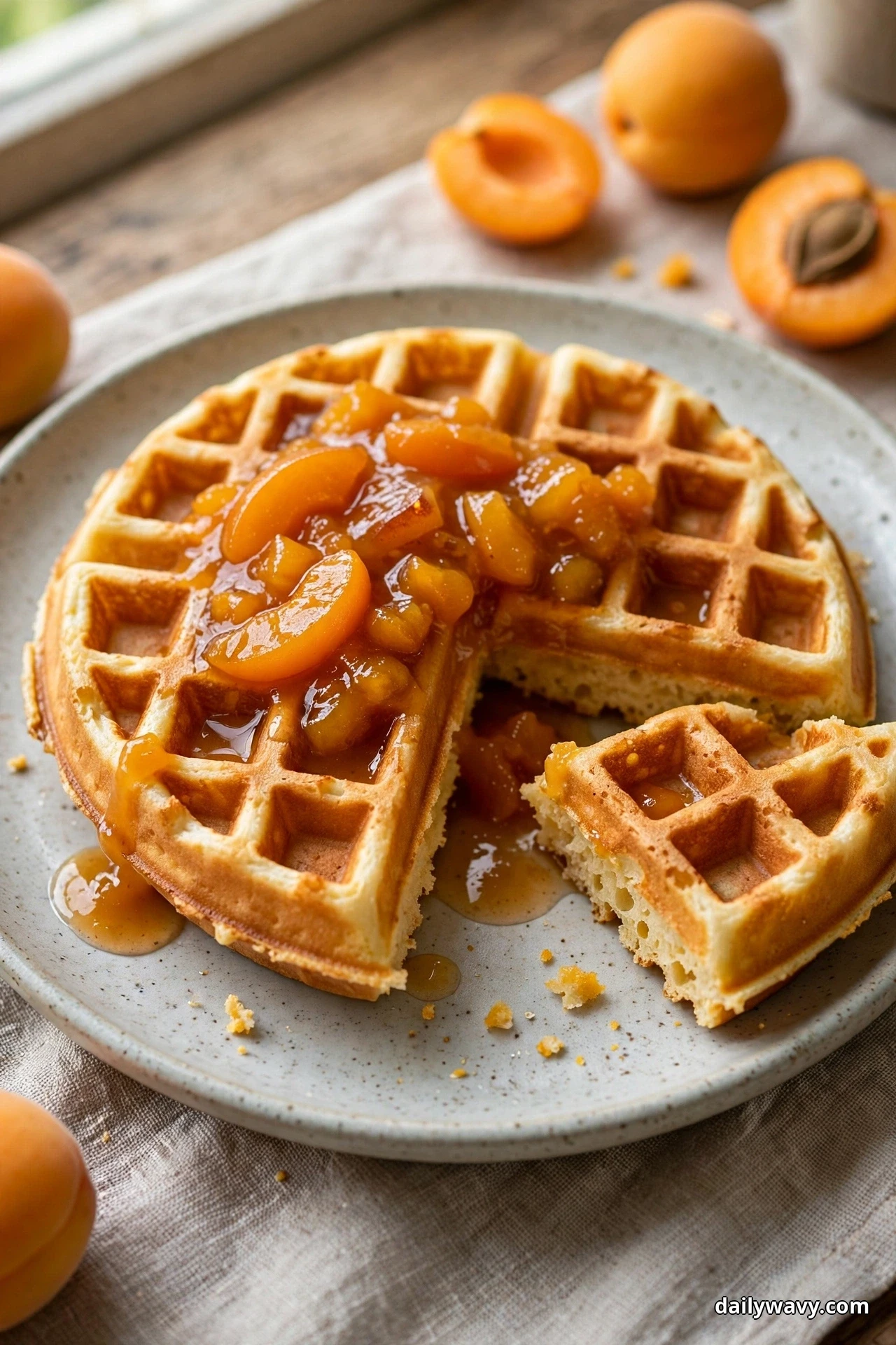 A single round golden cornmeal waffle covered with chunky apricot compote sits on a speckled plate with one quarter section cut and pulled slightly away, showing the pale tender crumb inside