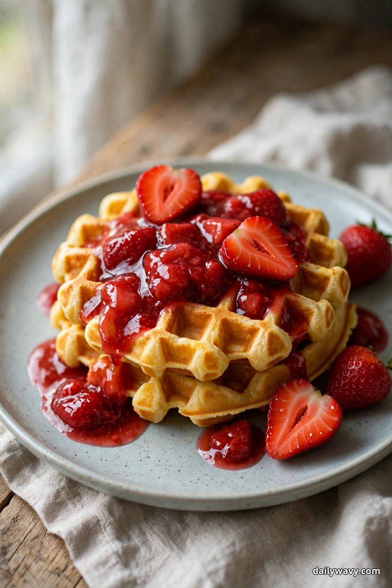 A stack of golden cornmeal waffles covered with glossy strawberry compote and whole berry pieces is topped with fresh halved strawberries, with whole strawberries resting on the plate