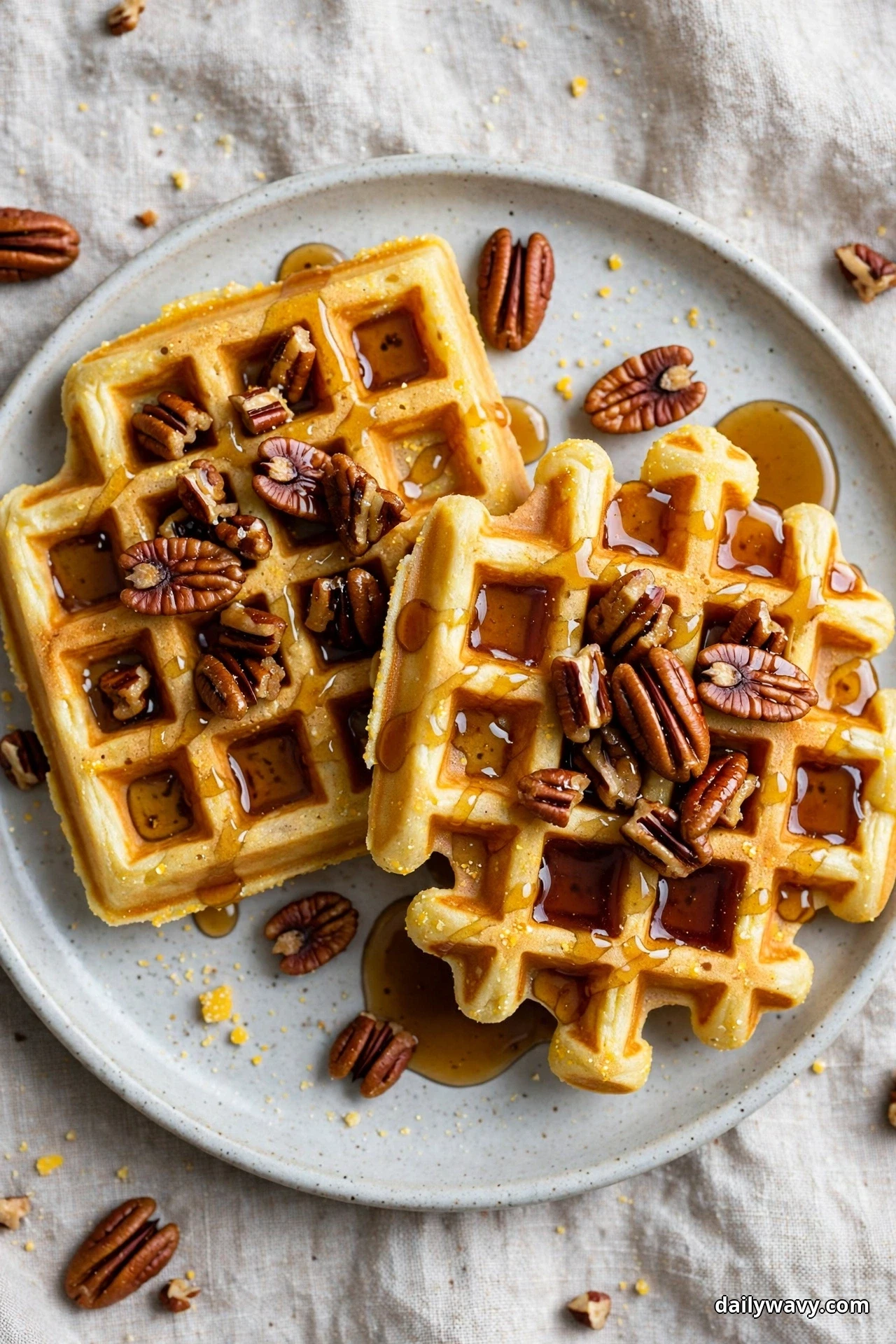 Seen from above, two square golden cornmeal waffles on a speckled plate are topped with candied pecan pieces and maple syrup pooling in the grid squares, with whole pecans scattered around them