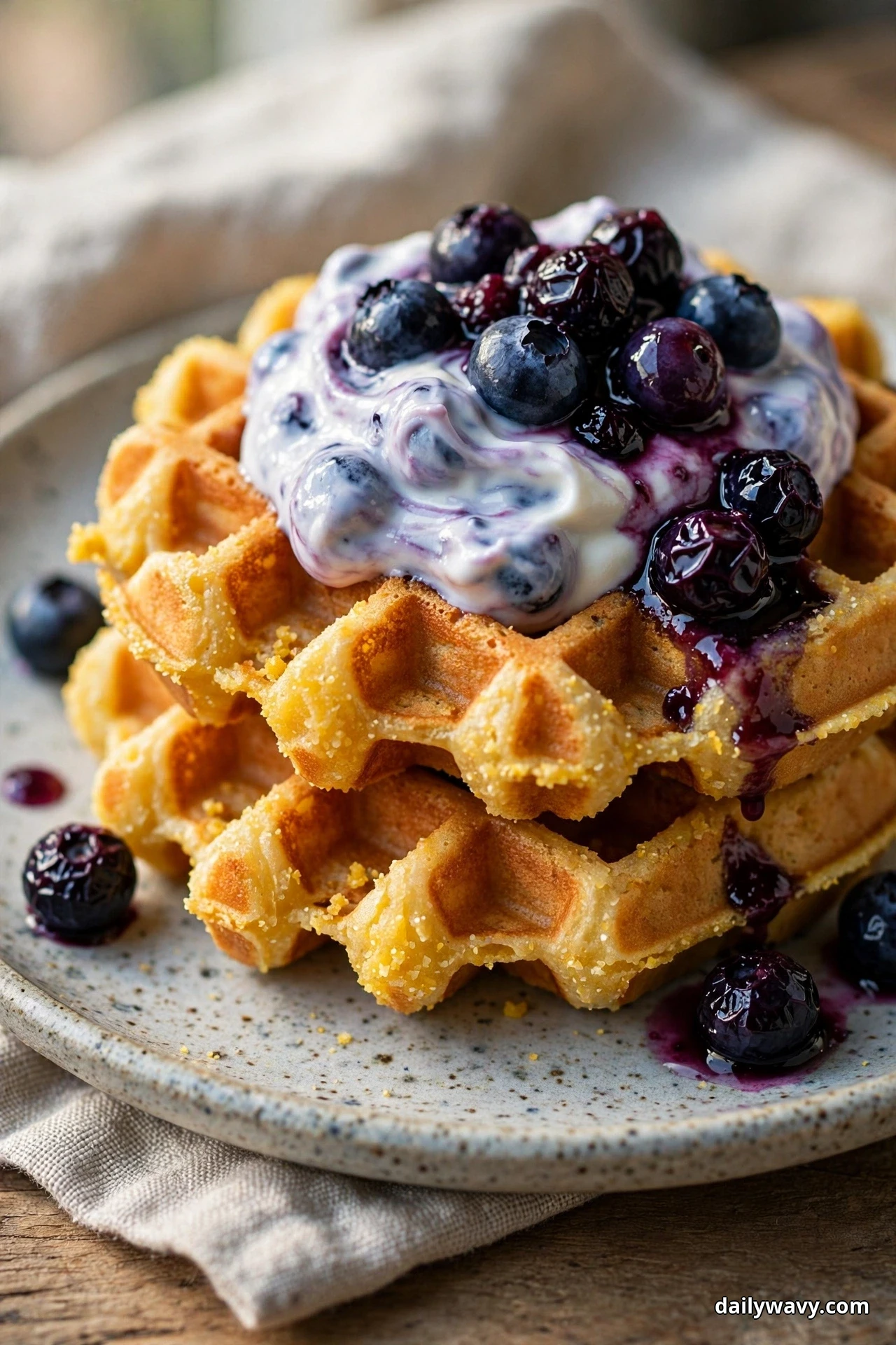 A close view of a stack of golden cornmeal waffles topped with yogurt swirled deep purple with blueberries and a mound of glossy cooked blueberries, with more berries and juice scattered on the plate