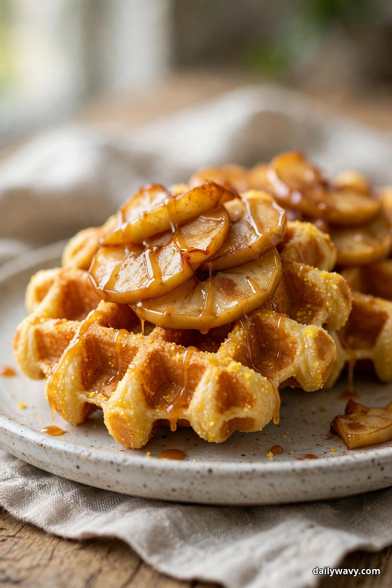 An eye-level view of golden cornmeal waffles piled high with glossy caramelized apple slices, with caramel juices dripping down the stack onto the speckled plate