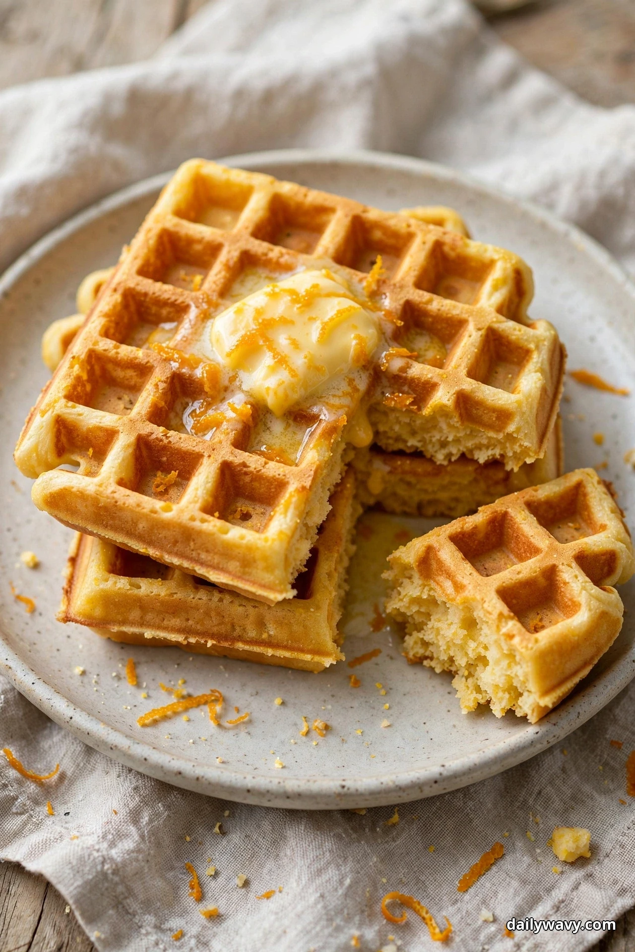 A slightly elevated view of square golden cornmeal waffles on a speckled plate, one piece broken open to show the tender crumb, topped with a melting pat of orange butter flecked with zest and scattered orange zest strands