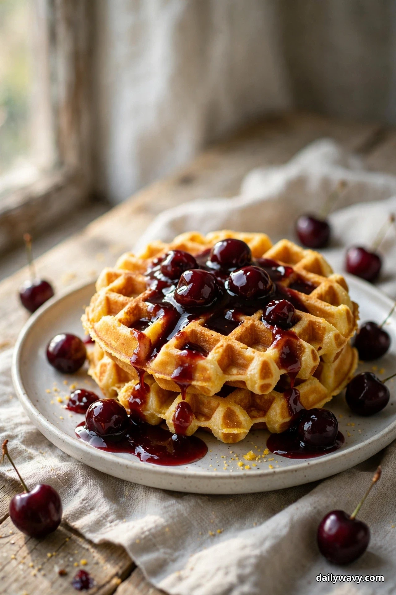 A stack of golden cornmeal waffles covered with glossy dark cherry sauce and whole cherries sits on a speckled plate by a window, the sauce dripping down the sides and pooling below