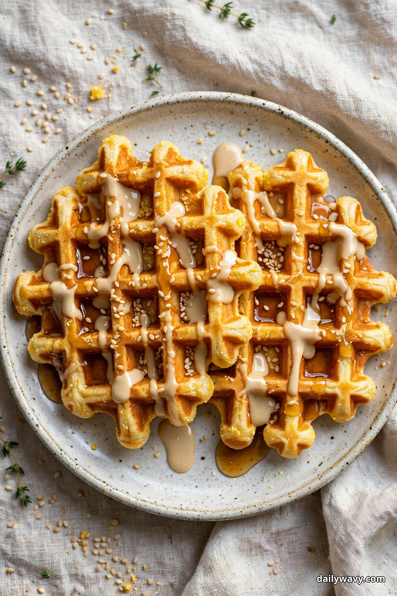 Seen from above, two golden cornmeal waffles on a speckled plate are drizzled with pale maple tahini sauce and sprinkled with sesame seeds, with the sauce pooling on the plate