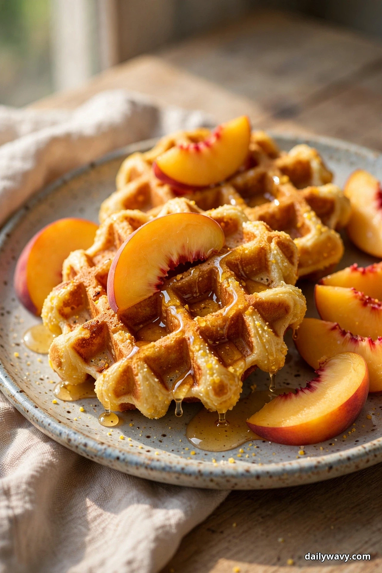 A close view of golden cornmeal waffles topped with fresh peach slices and glossy syrup dripping onto the speckled plate, with more peach slices arranged beside the waffles
