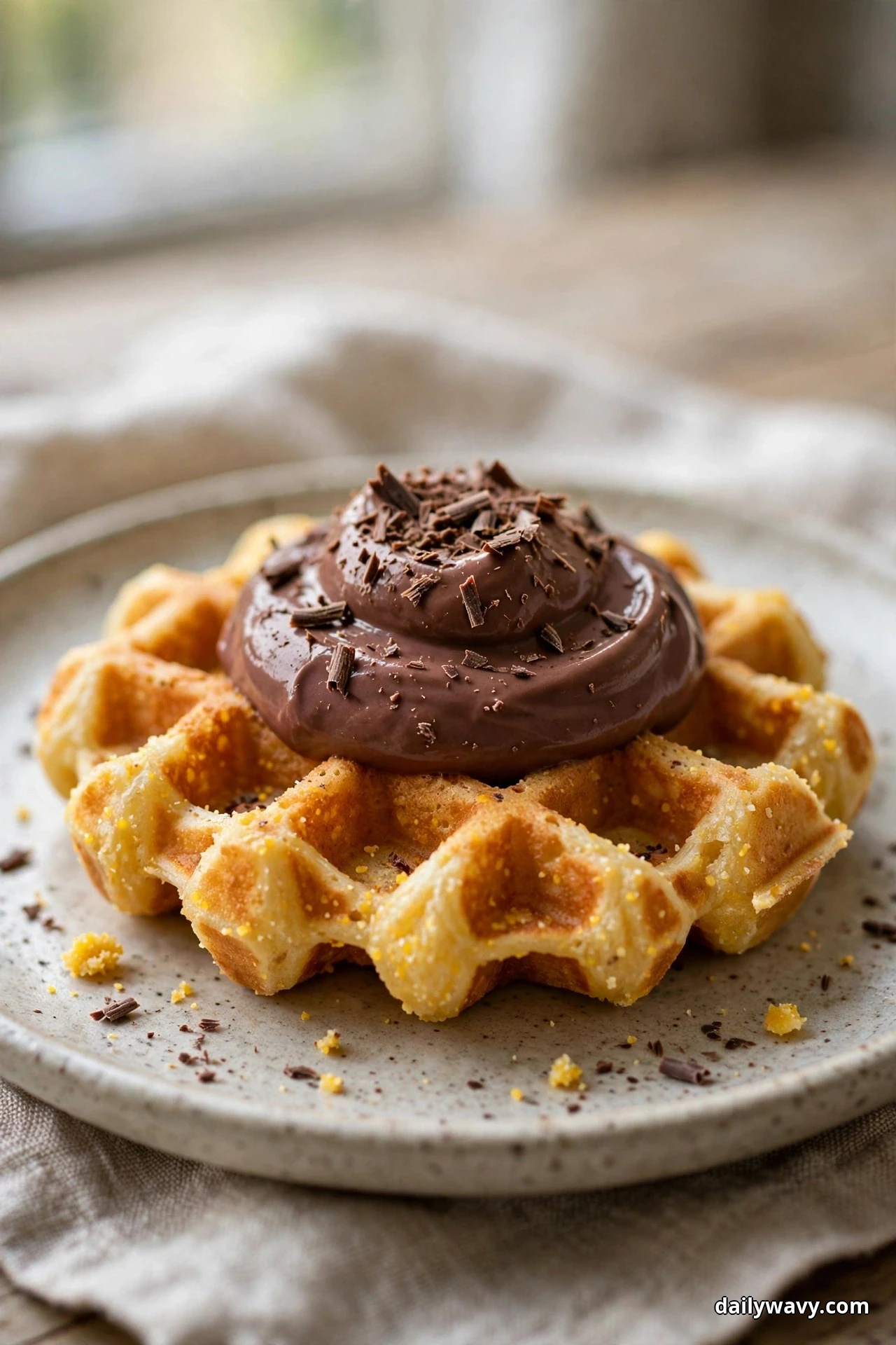 An eye-level view of a golden cornmeal waffle on a speckled plate topped with a smooth swirl of chocolate yogurt covered in fine chocolate shavings