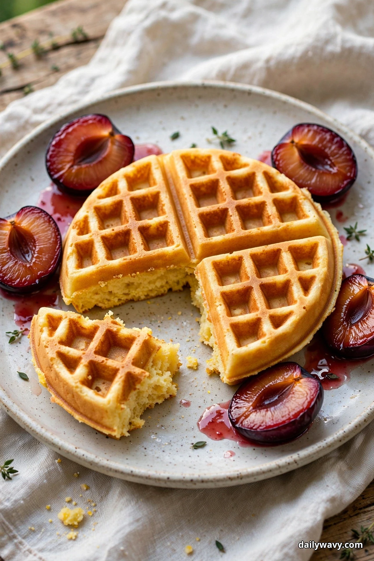 A slightly elevated view of a round golden cornmeal waffle with one quarter section pulled away to show the crumb, surrounded on the plate by glossy roasted plum halves resting in their pink juices