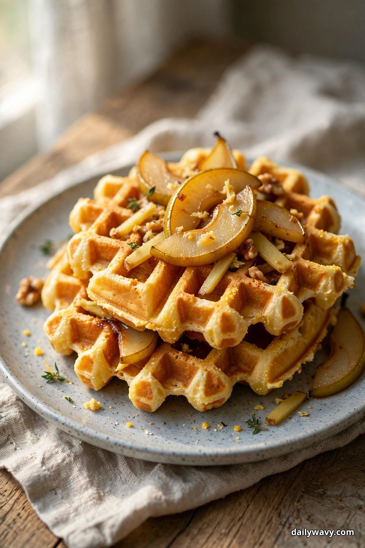 A stack of golden cornmeal waffles topped with golden sauteed pear slices sits on a speckled plate, the pear slices spilling over the sides of the stack