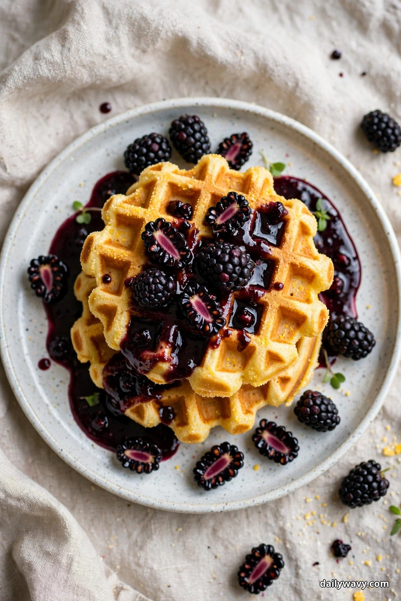 Seen from above, two golden cornmeal waffles on a speckled plate are covered with dark blackberry sauce pooling around them and topped with whole and halved fresh blackberries