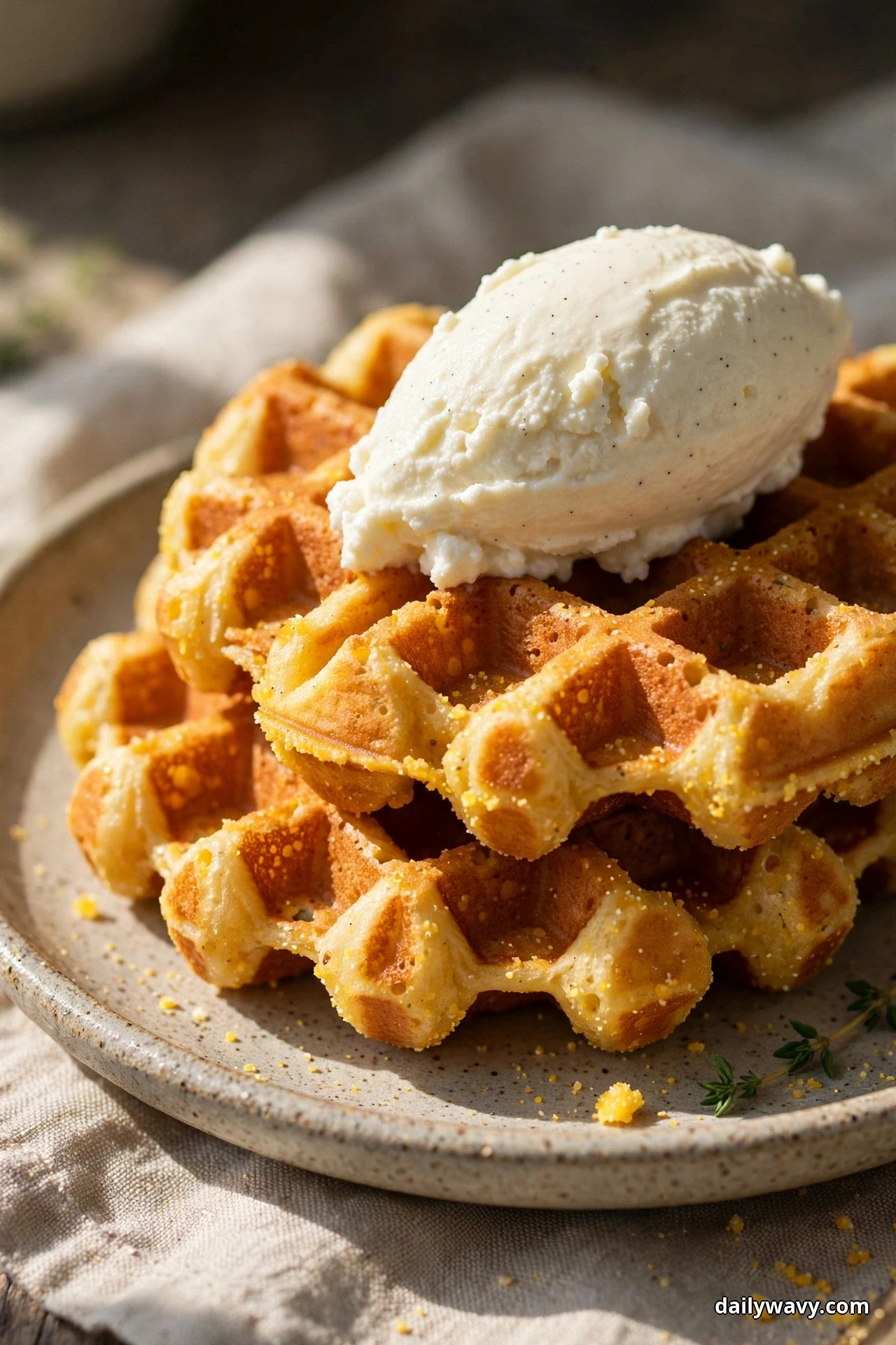 A close view of a stack of golden cornmeal waffles topped with a smooth quenelle of whipped vanilla ricotta flecked with vanilla bean seeds, resting on a speckled plate