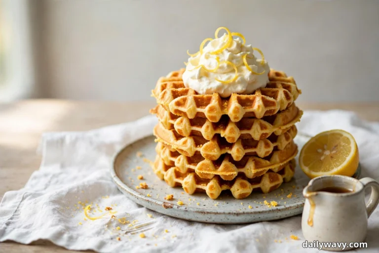 A tall stack of golden cornmeal waffles topped with a generous swirl of whipped lemon cream and lemon zest curls sits on a speckled ceramic plate over a white linen napkin, with a halved lemon beside the plate