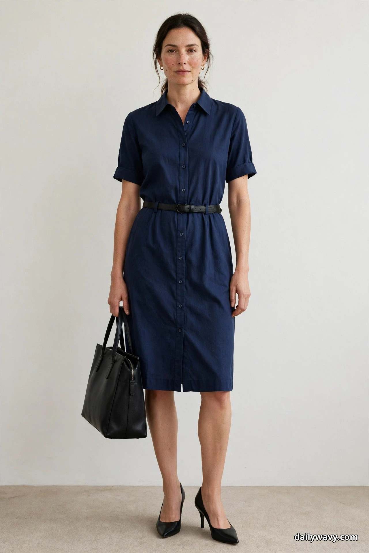 A woman stands full length indoors against a plain light wall wearing a navy short-sleeve shirt dress with a button front and a narrow black belt at the waist, holding a black structured tote, with black pointed pumps