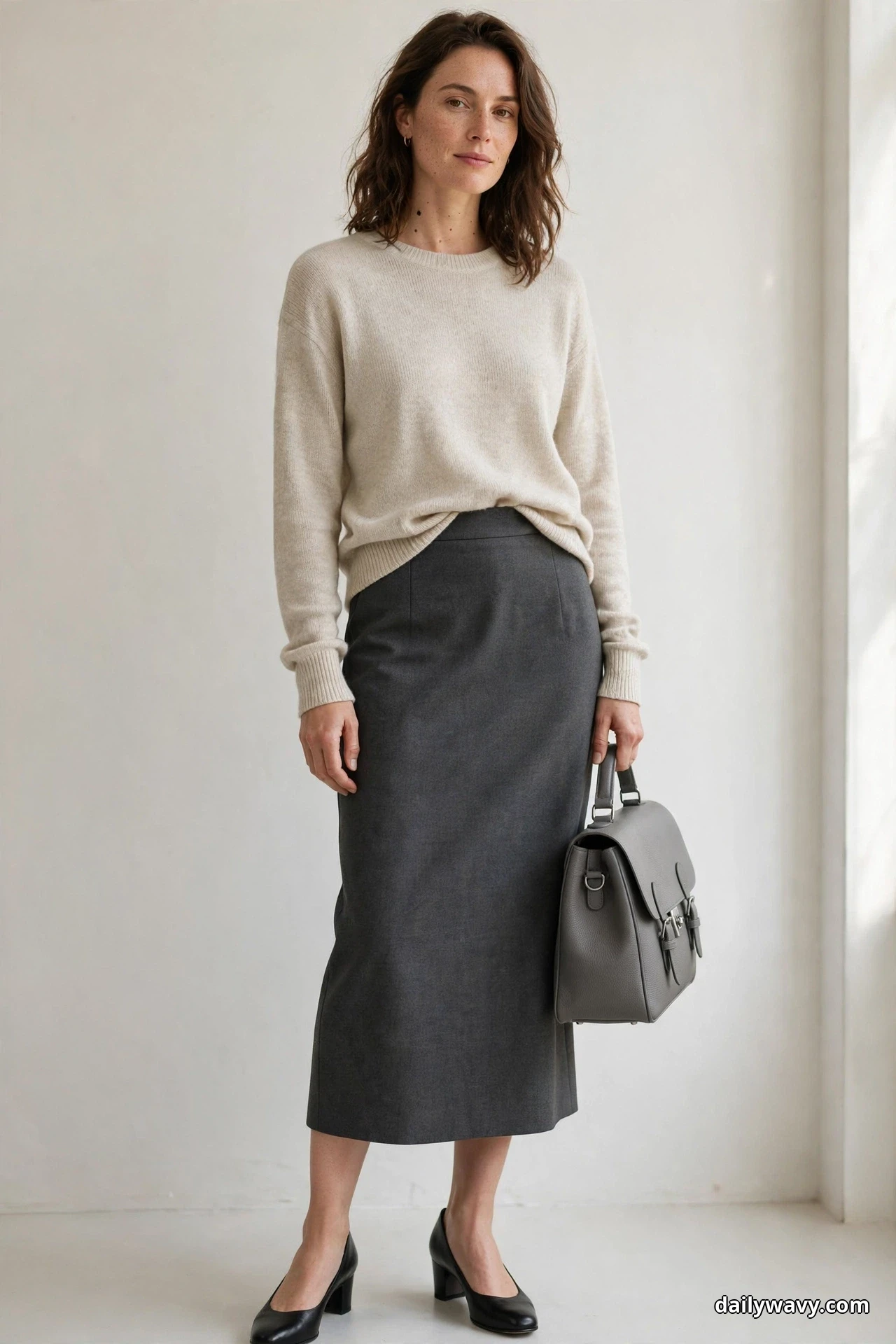A woman stands full length against a plain white wall wearing an oatmeal fine-gauge crewneck sweater half-tucked into a charcoal straight midi skirt, with black block-heel pumps and a gray structured satchel