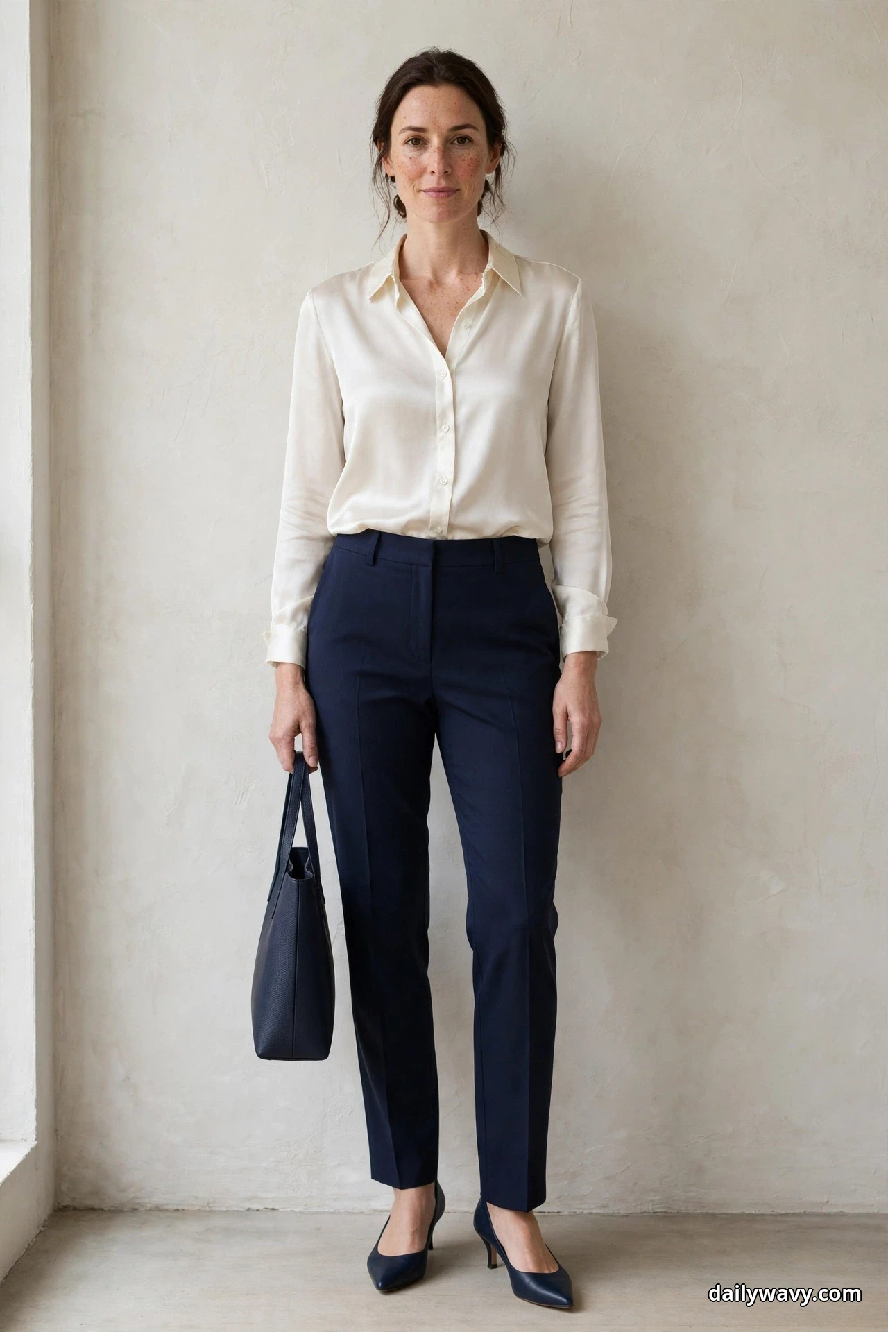 A woman stands full length against a plain textured wall wearing an ivory satin-touch button blouse tucked into navy flat-front tailored trousers, with navy pointed pumps and a slim navy tote