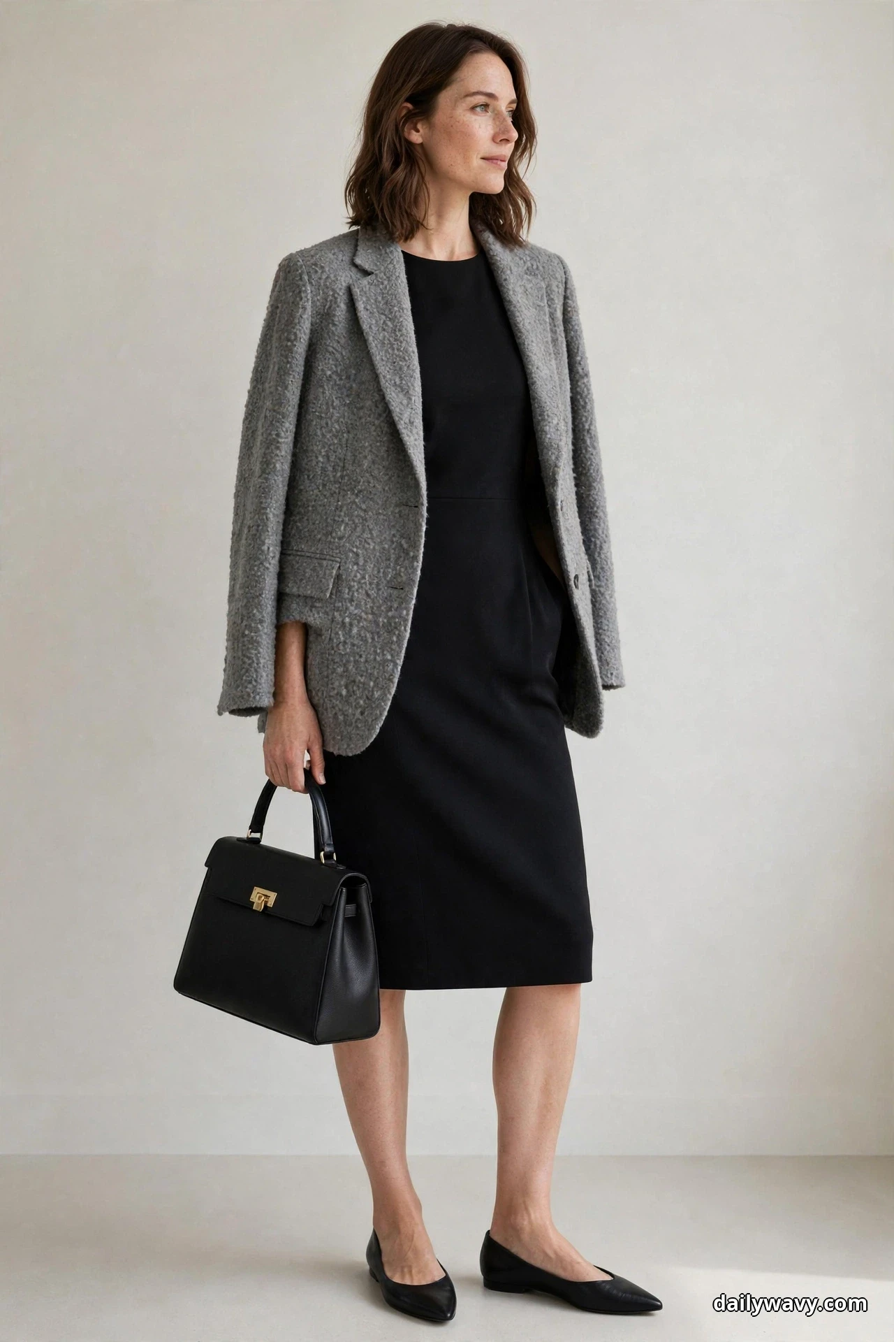 A woman stands in a three-quarter pose against a plain wall wearing a gray bouclé textured blazer over a plain black knee-length sheath dress, with black pointed flats and a black top-handle bag