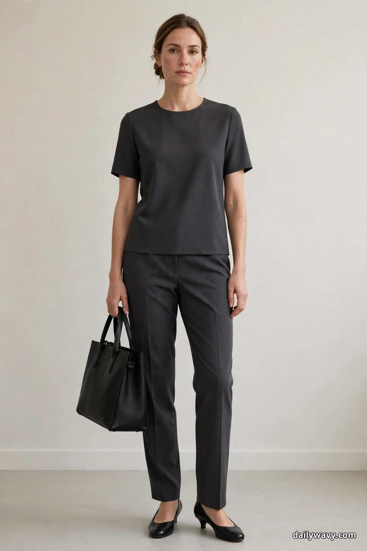 A woman stands full length against a plain wall wearing a charcoal short-sleeve crepe shell top with matching charcoal flat-front trousers, with black low pumps and a structured black tote