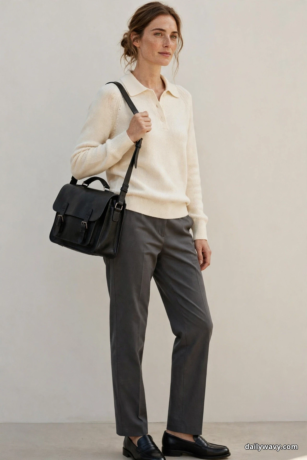 A woman stands in a three-quarter pose against a plain wall wearing a cream fine-gauge knit with a polo collar and charcoal straight trousers, with black leather loafers and a black satchel on her shoulder