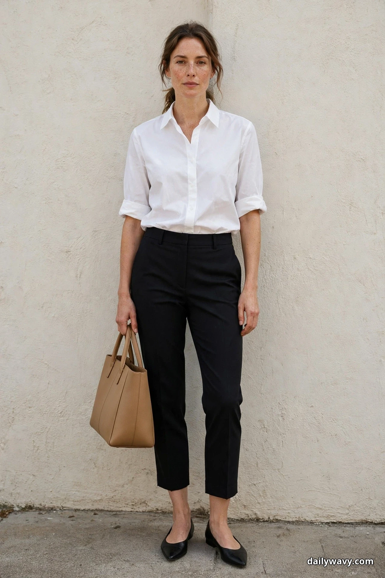 A woman stands full length against a plain textured wall wearing a white cotton shirt with the sleeves rolled to the elbow, tucked into black cropped tailored trousers, with black pointed flats and a tan structured tote