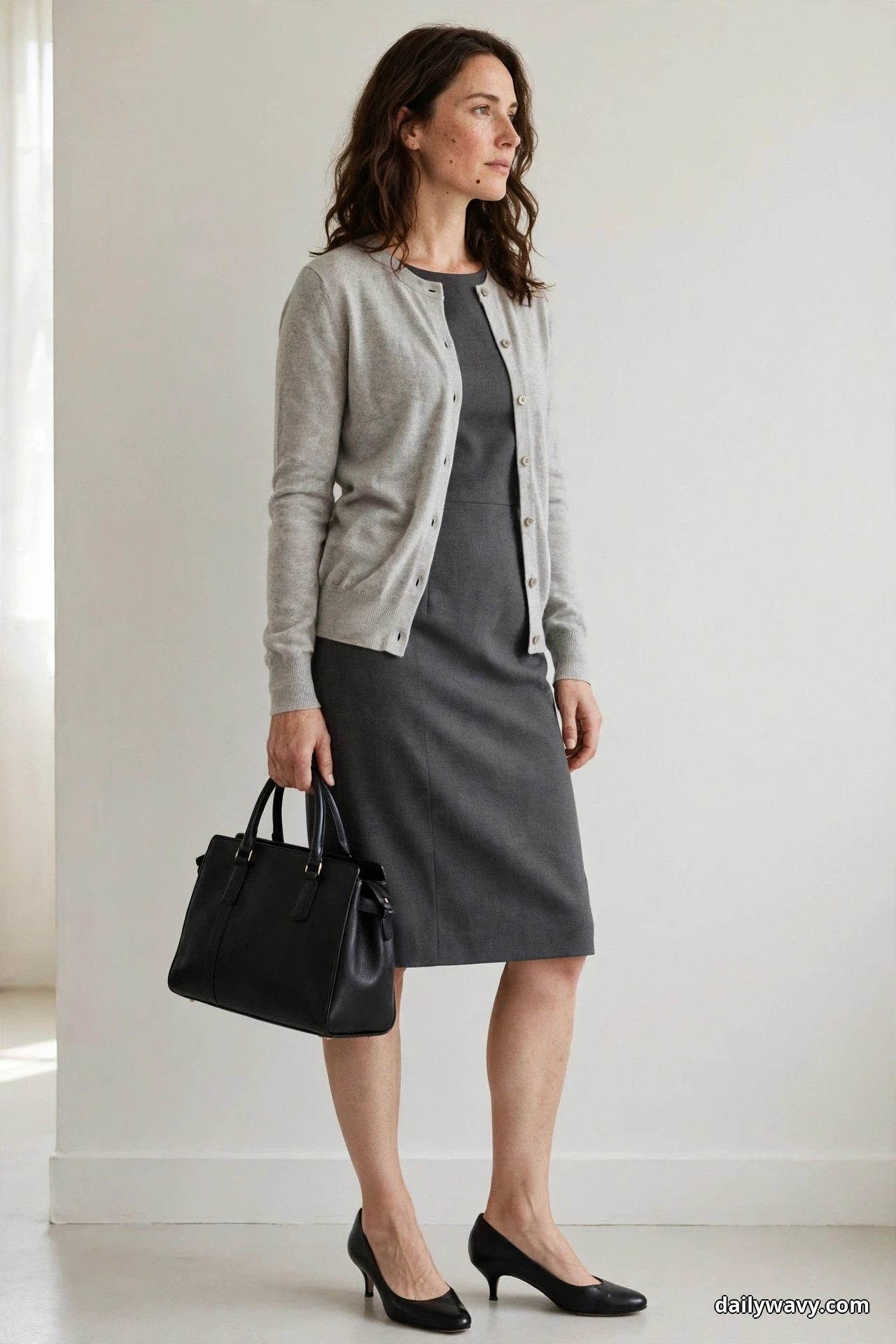 A woman stands in a three-quarter pose against a plain wall wearing a light gray fine cardigan worn open over a charcoal knee-length sheath dress, with black kitten heels and a structured black bag