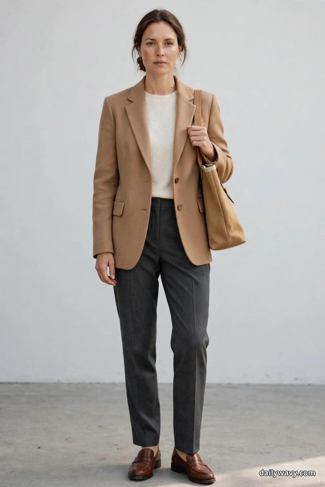 A woman stands full length against a plain wall wearing a camel relaxed blazer over a cream crewneck sweater with dark gray straight trousers, brown leather loafers and a tan tote