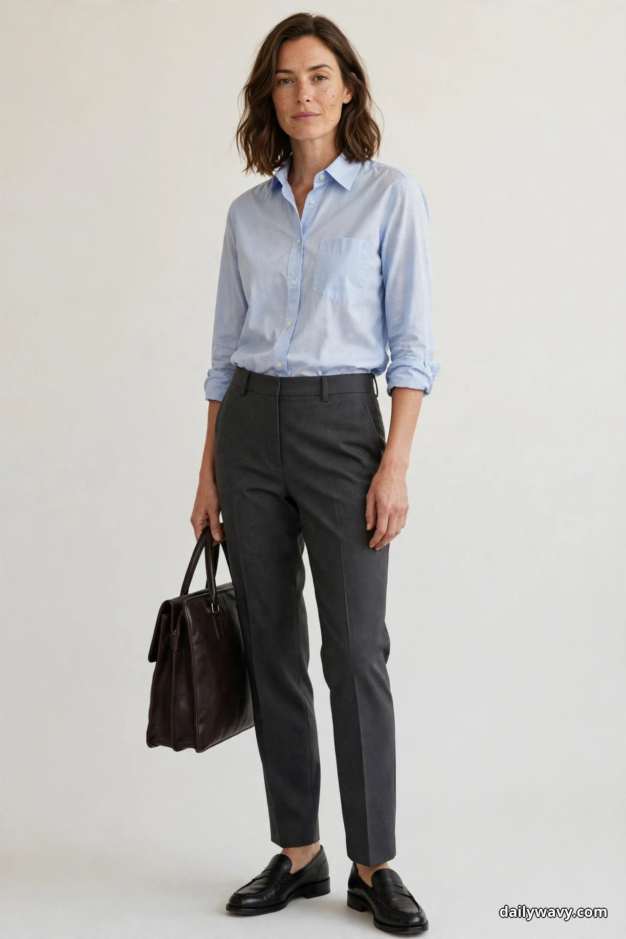A woman stands full length against a plain wall wearing a light blue oxford cotton shirt with the sleeves rolled to the forearm, tucked into charcoal flat-front tailored trousers, with black leather loafers and a dark brown briefcase-style tote