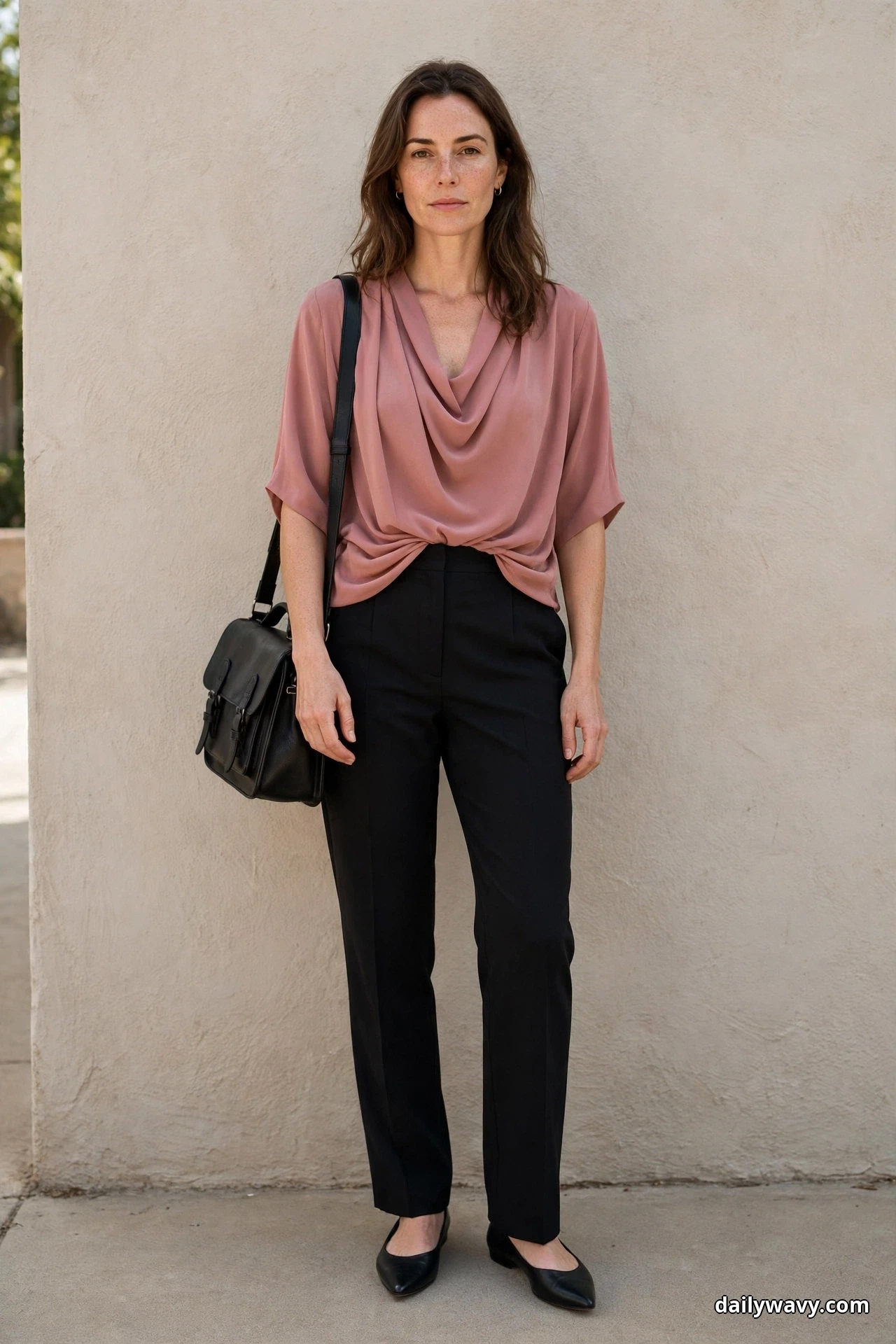 A woman stands full length against a plain textured wall wearing a dusty rose draped cowl-neck blouse with elbow-length sleeves, tucked in at the front of black straight trousers, with black pointed flats and a black satchel
