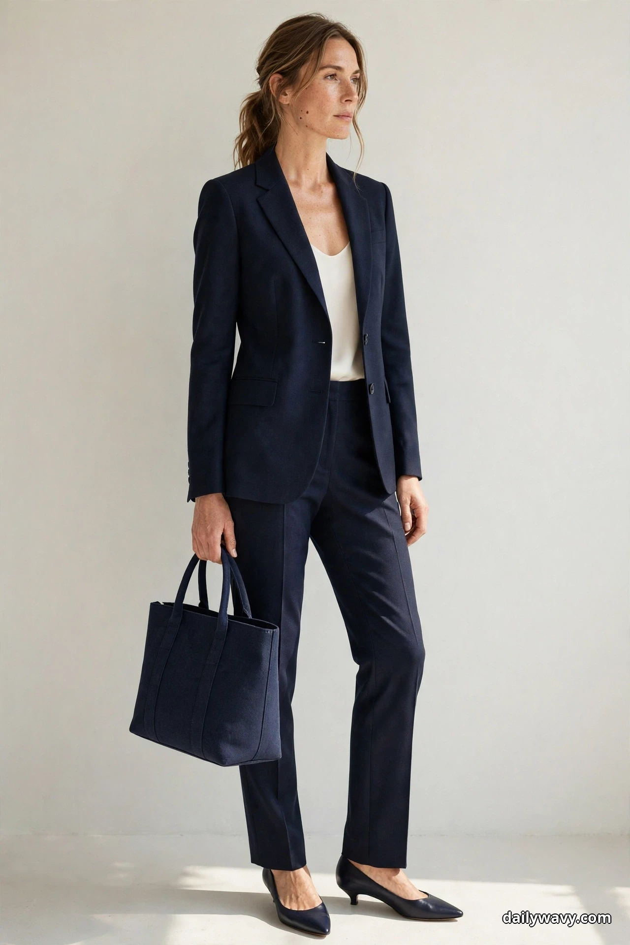 A woman stands in a three-quarter pose against a plain wall wearing a navy single-breasted two-piece suit with an ivory shell top, navy pointed pumps and a navy tote